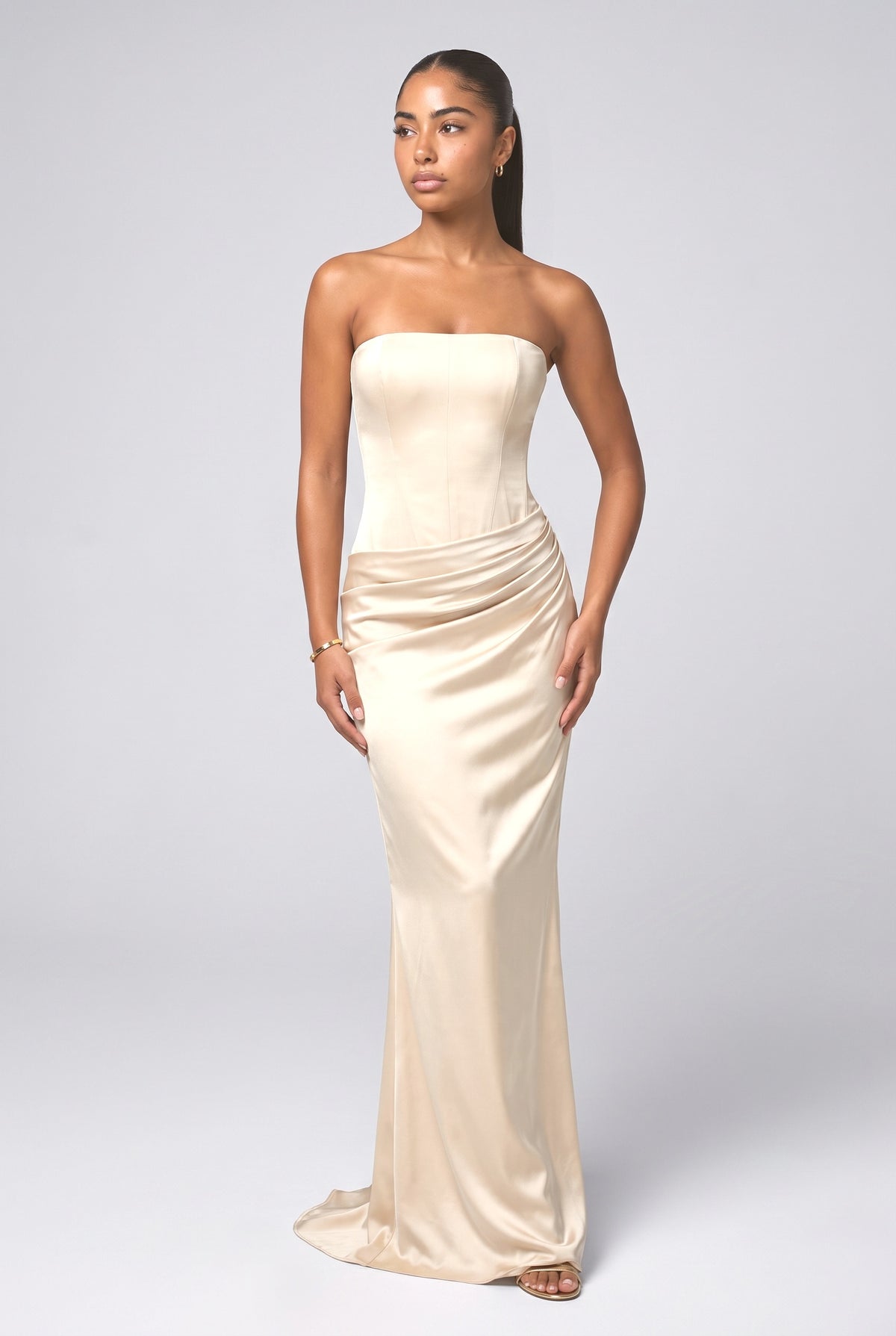 Satin Strapless Draped Maxi Dress, apricot