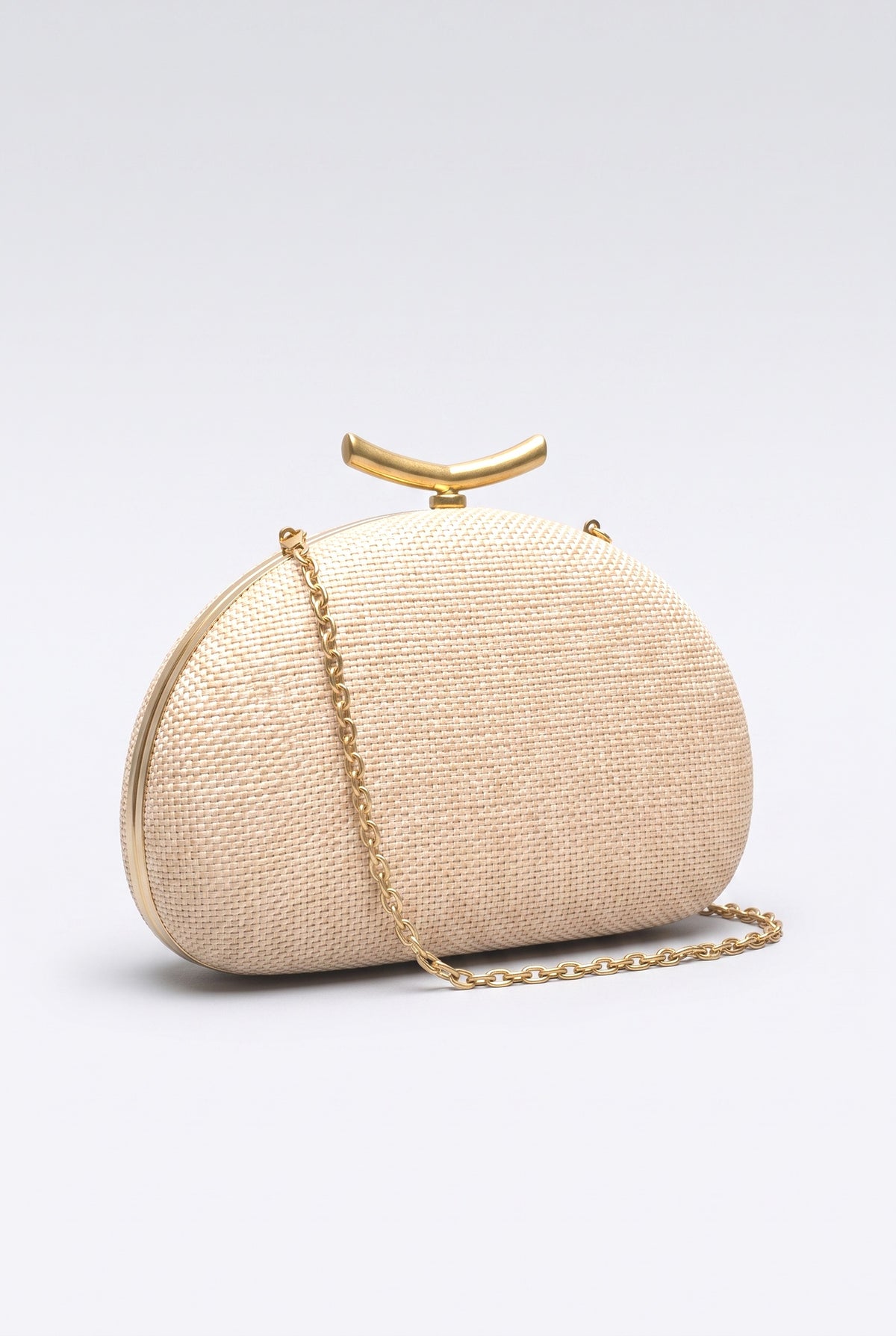 Half-Moon Woven Straw Clutch Bag, apricot