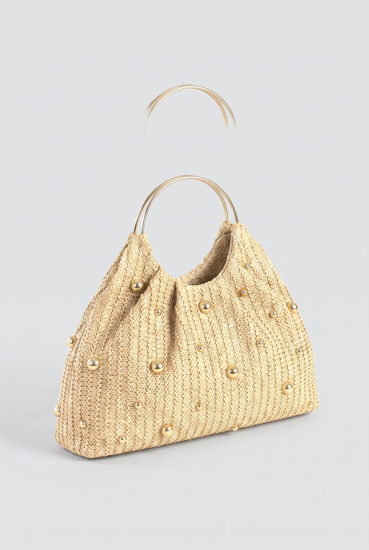 Beaded Woven Straw Ring Handle Handbag, apricot