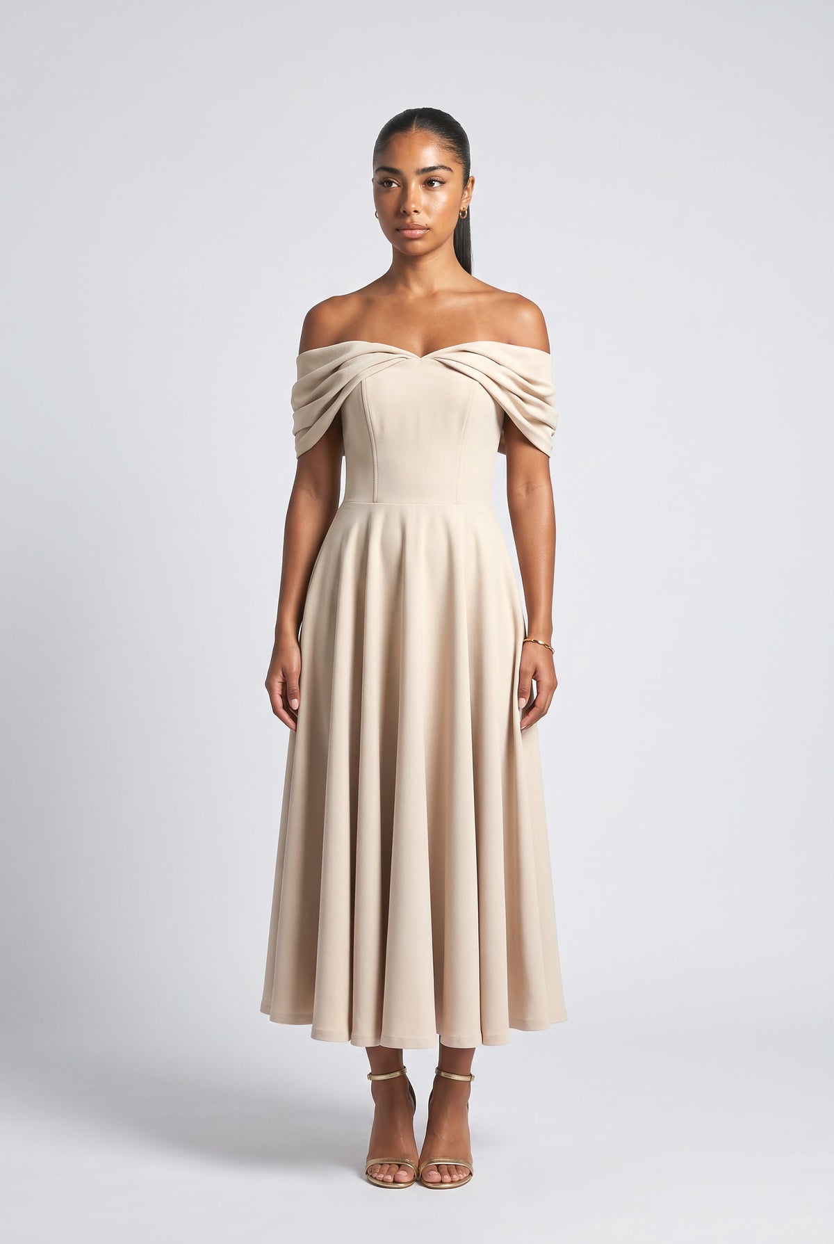 Off-Shoulder Draped Maxi Dress, apricot