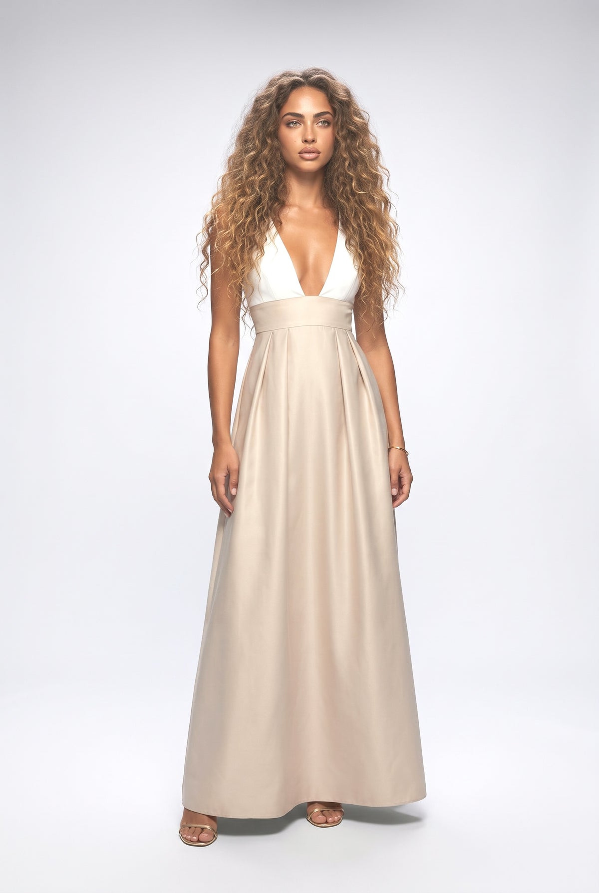 Colorblock V-Neck A-Line Maxi Dress, apricot