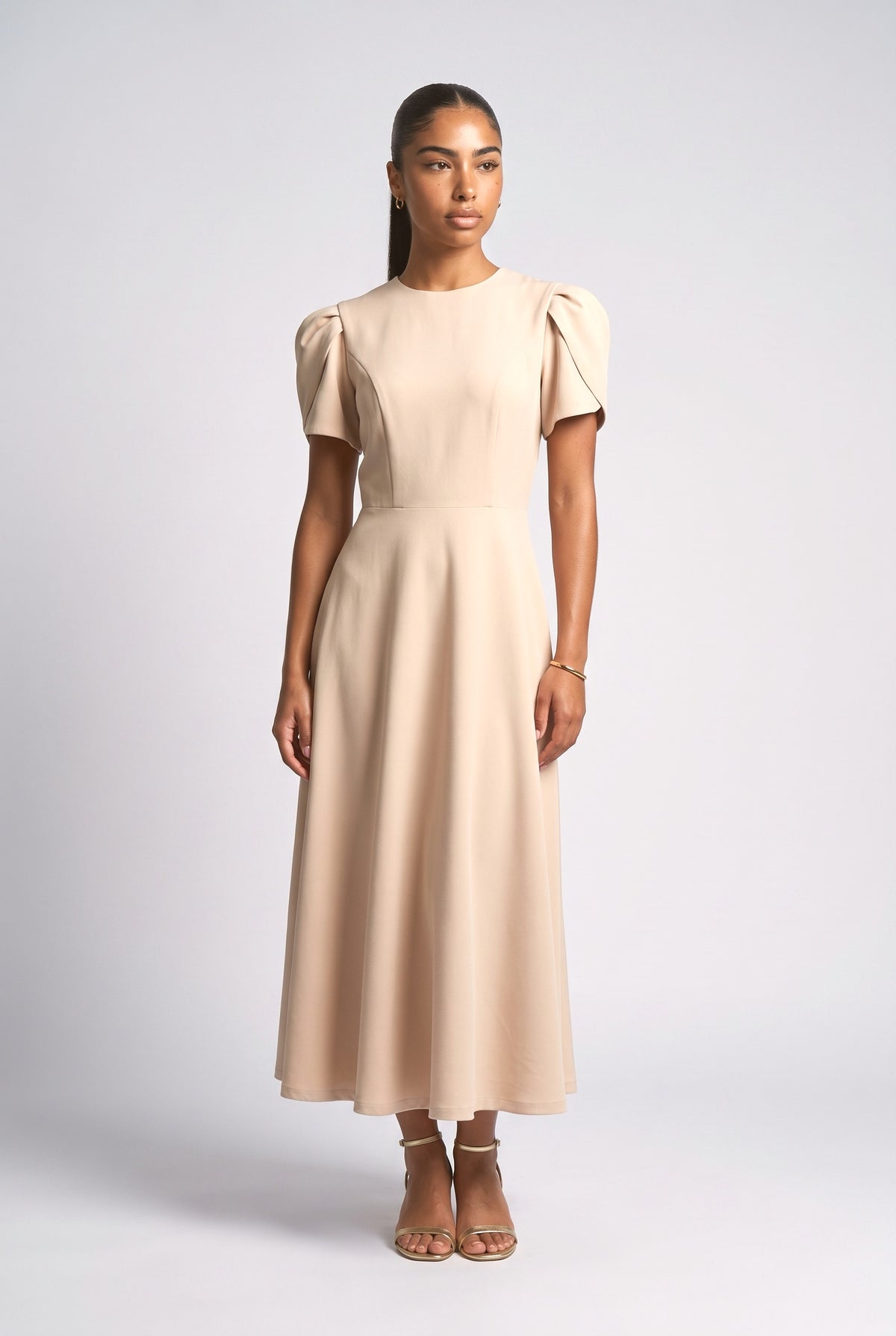 High Neck Midi Dress, apricot