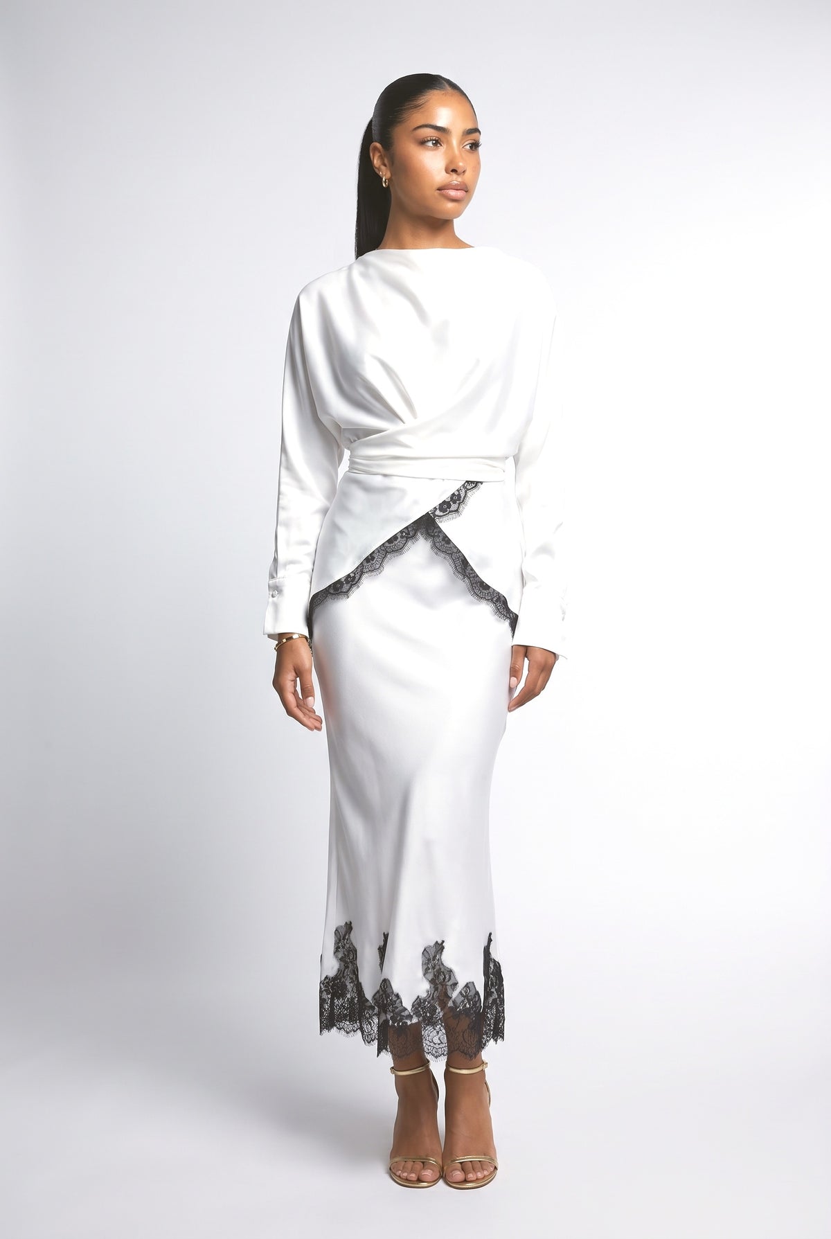 Satin Wrap Outfit Set, apricot