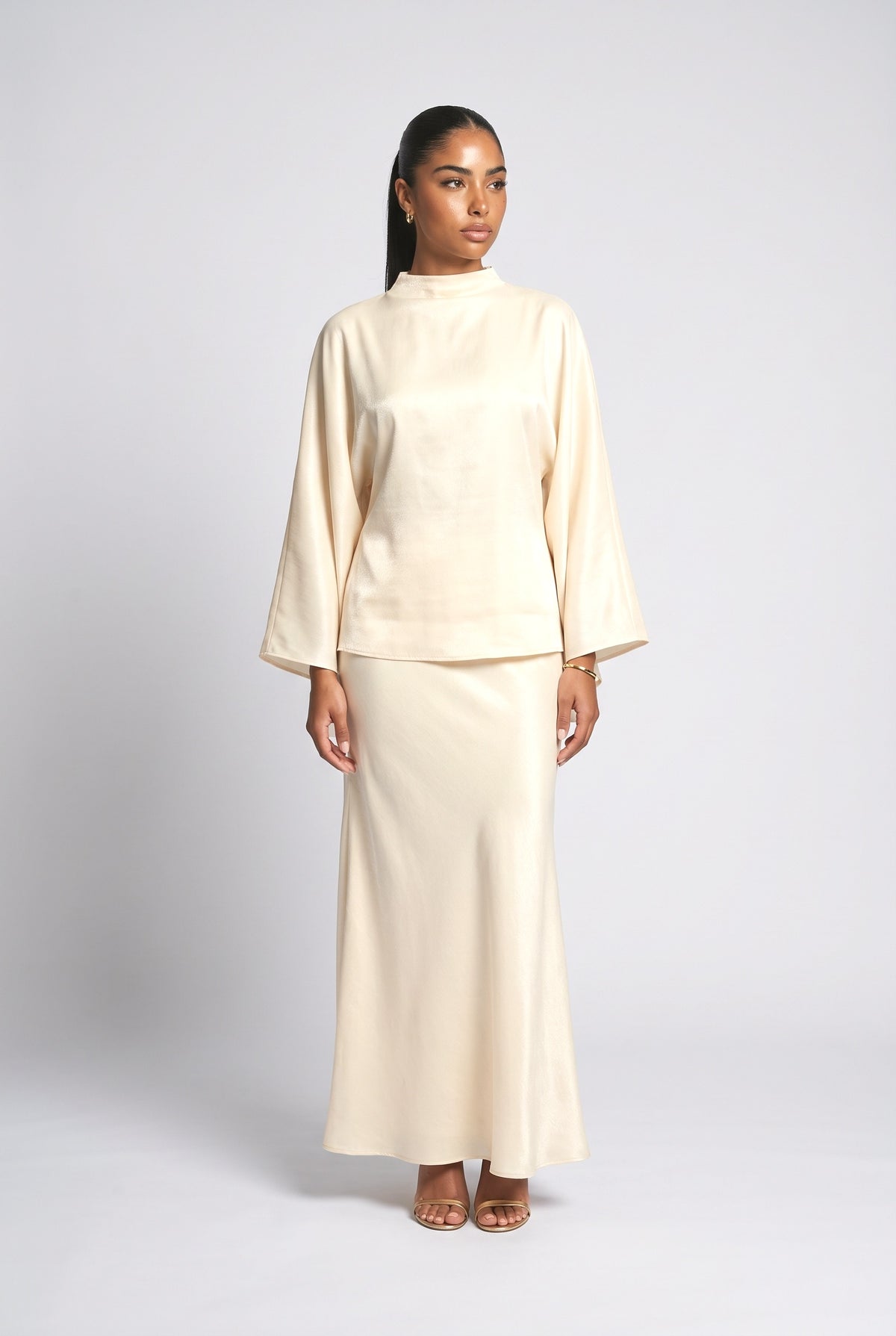 Shimmer Satin Batwing Sleeve Top & Maxi Skirt Two-Piece Set, apricot