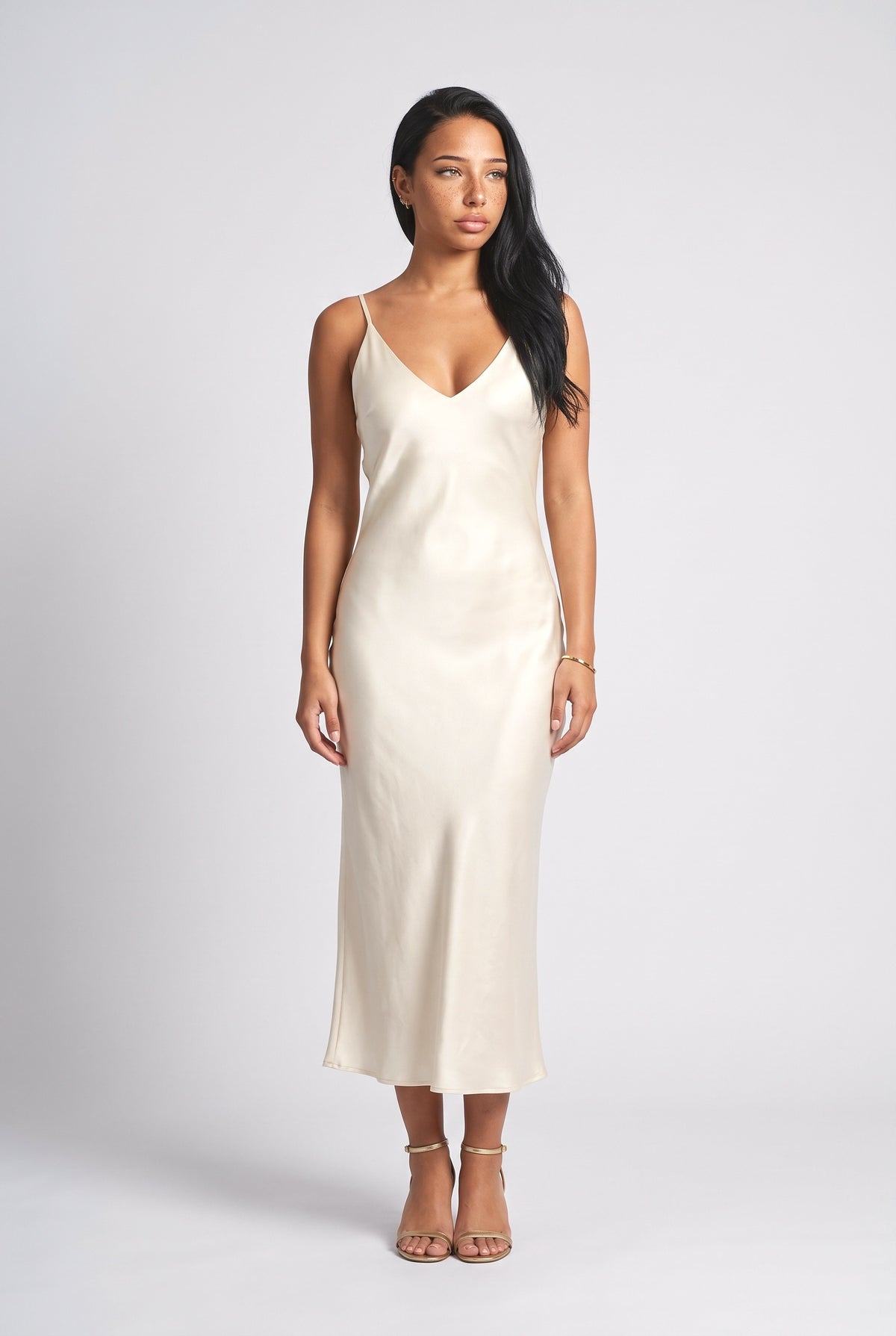 Satin V-Neck Outfit Set, apricot