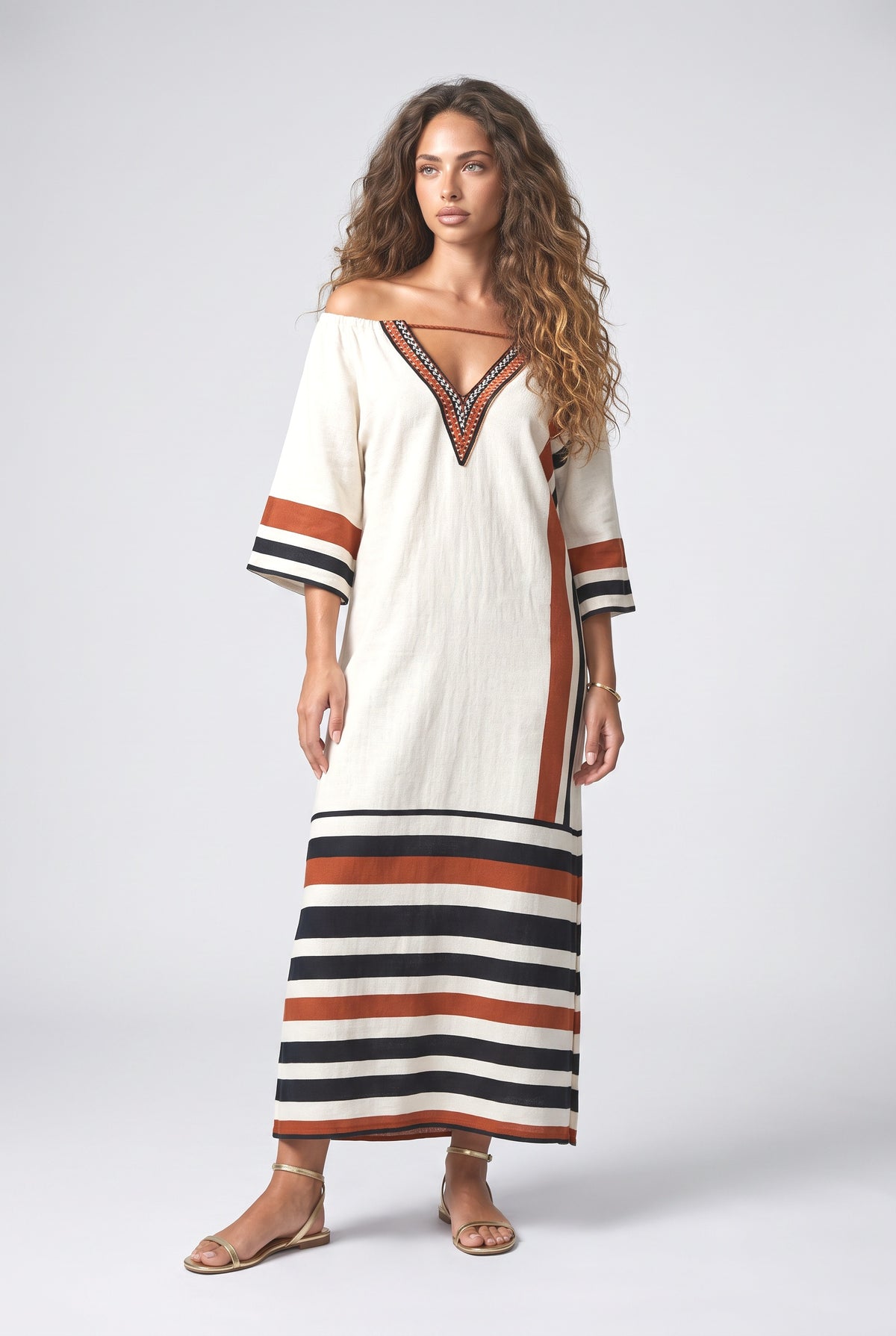 Orange Striped Off-Shoulder Maxi Dress, apricot