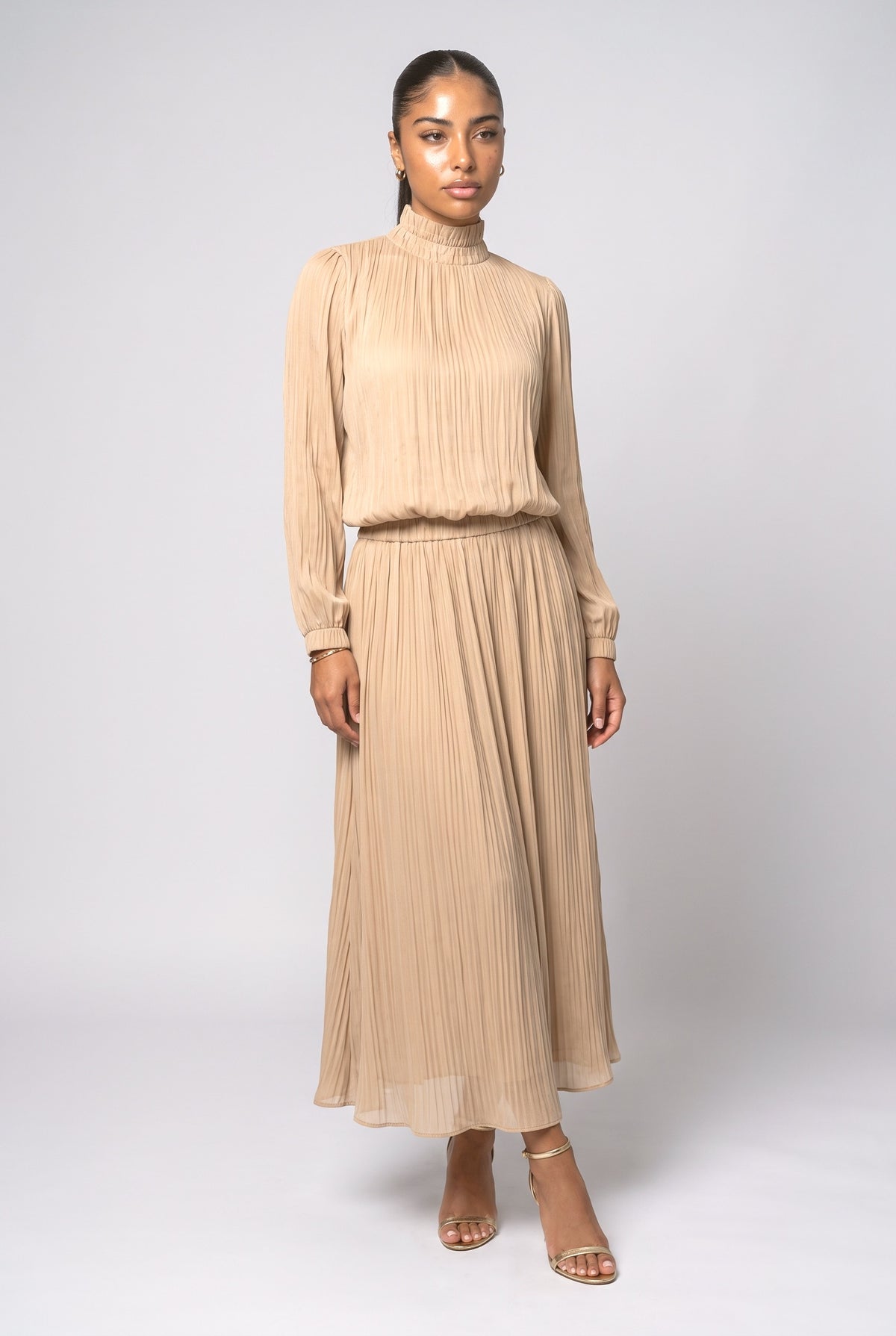 Chiffon Pleated Outfit Set, beige set