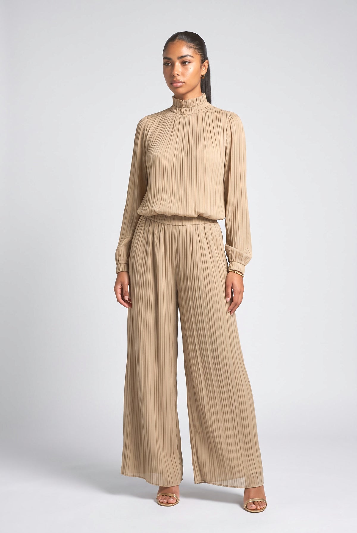 Chiffon Pleated Outfit Set, beige top