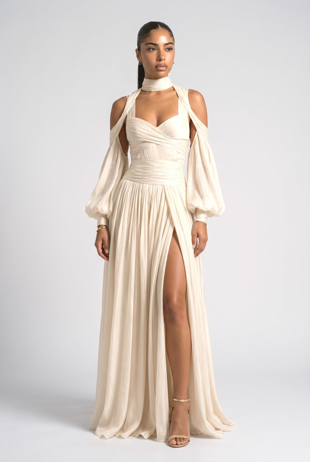 Beige Off-Shoulder Puff Sleeve Slit Maxi Dress, beige