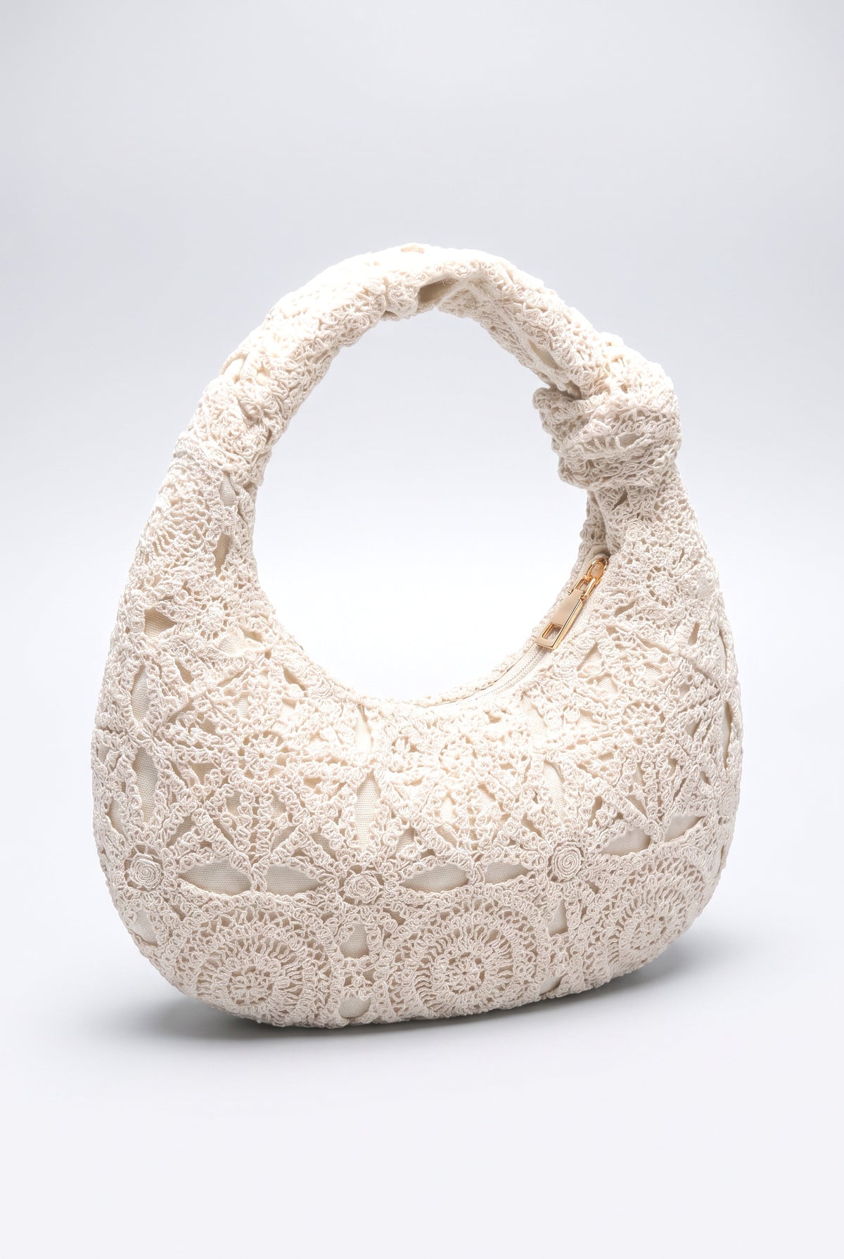 Boho Hollow Crochet Lace Knotted Handle Hobo Shoulder Bag, beige