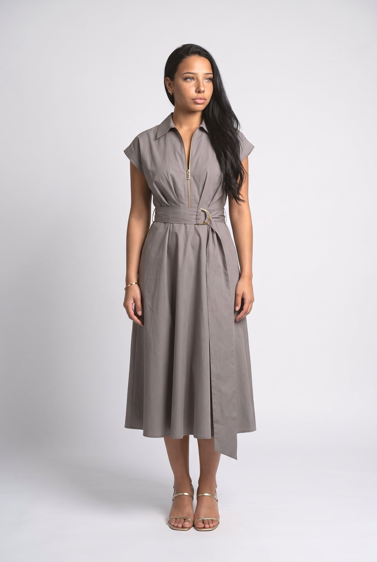 Cream White Shirt Style Midi Dress, beige