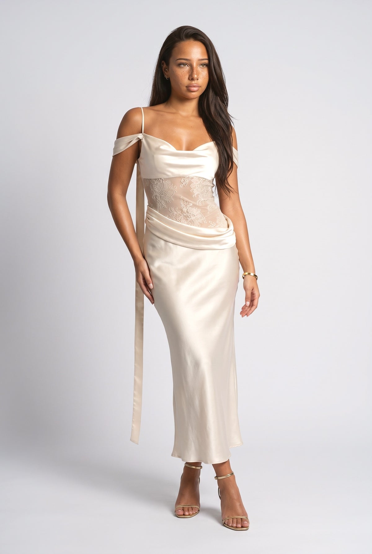 Beige Satin Maxi Dress, beige