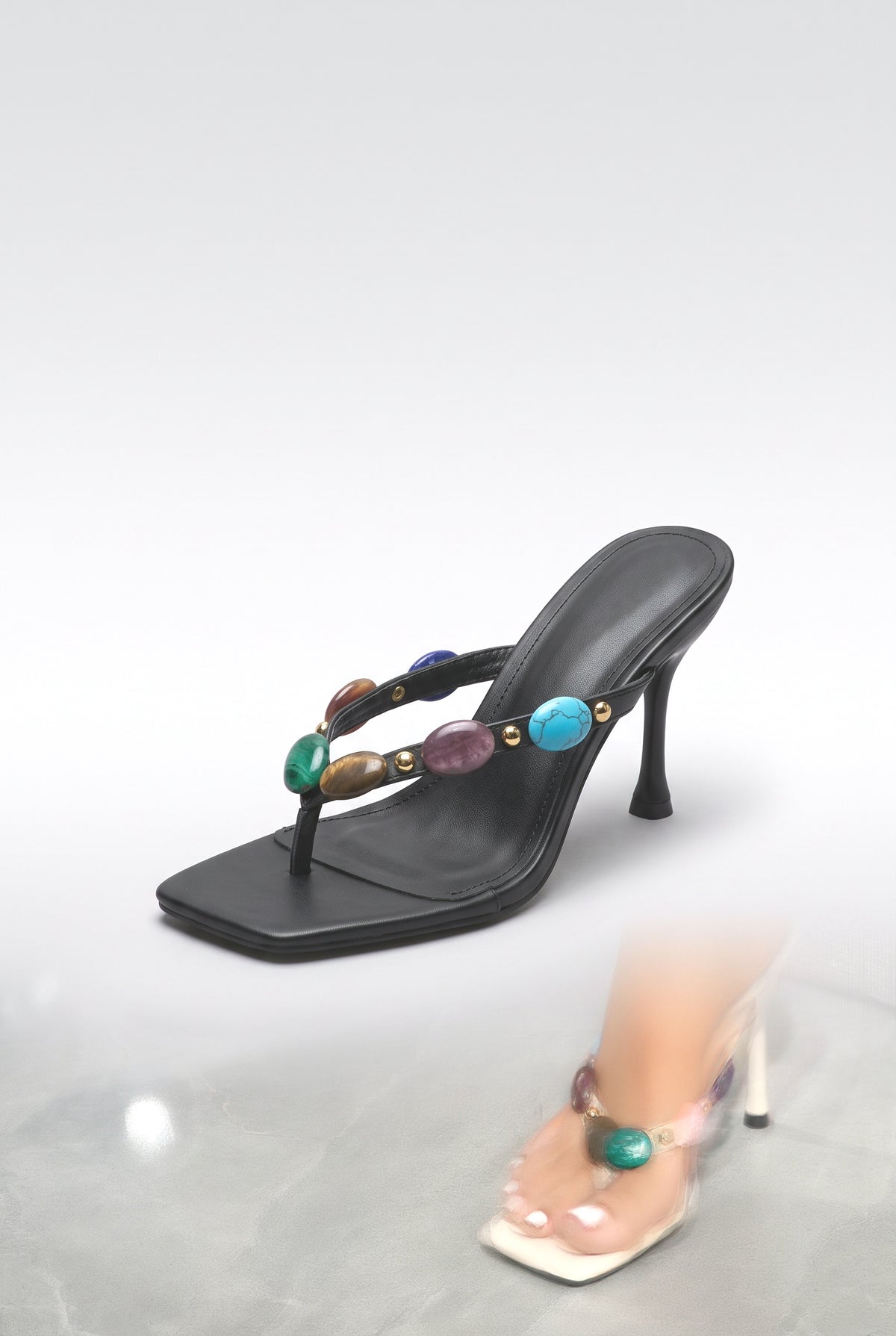 Square-Toe Gemstone T-Strap Stiletto Heeled Sandals, beige
