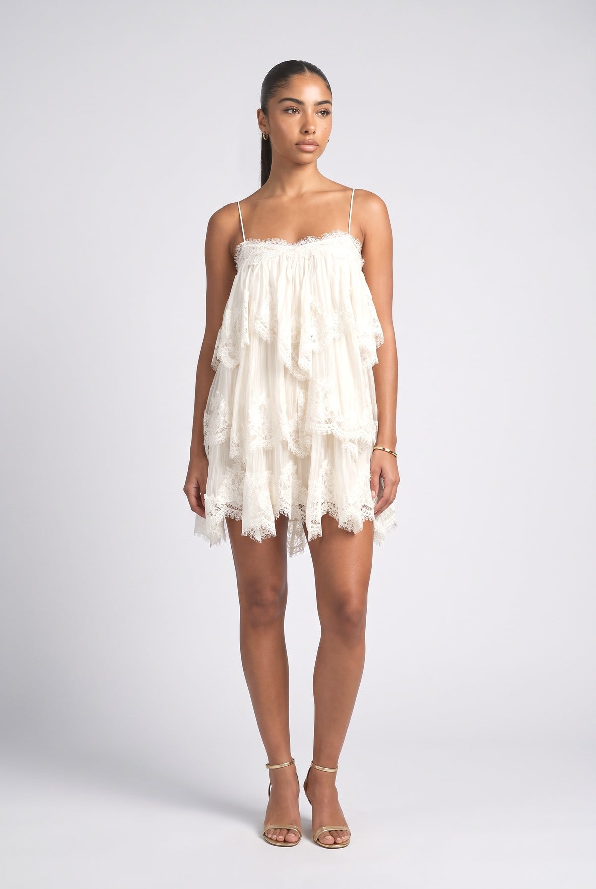 Lace Strappy Mini Dress, beige
