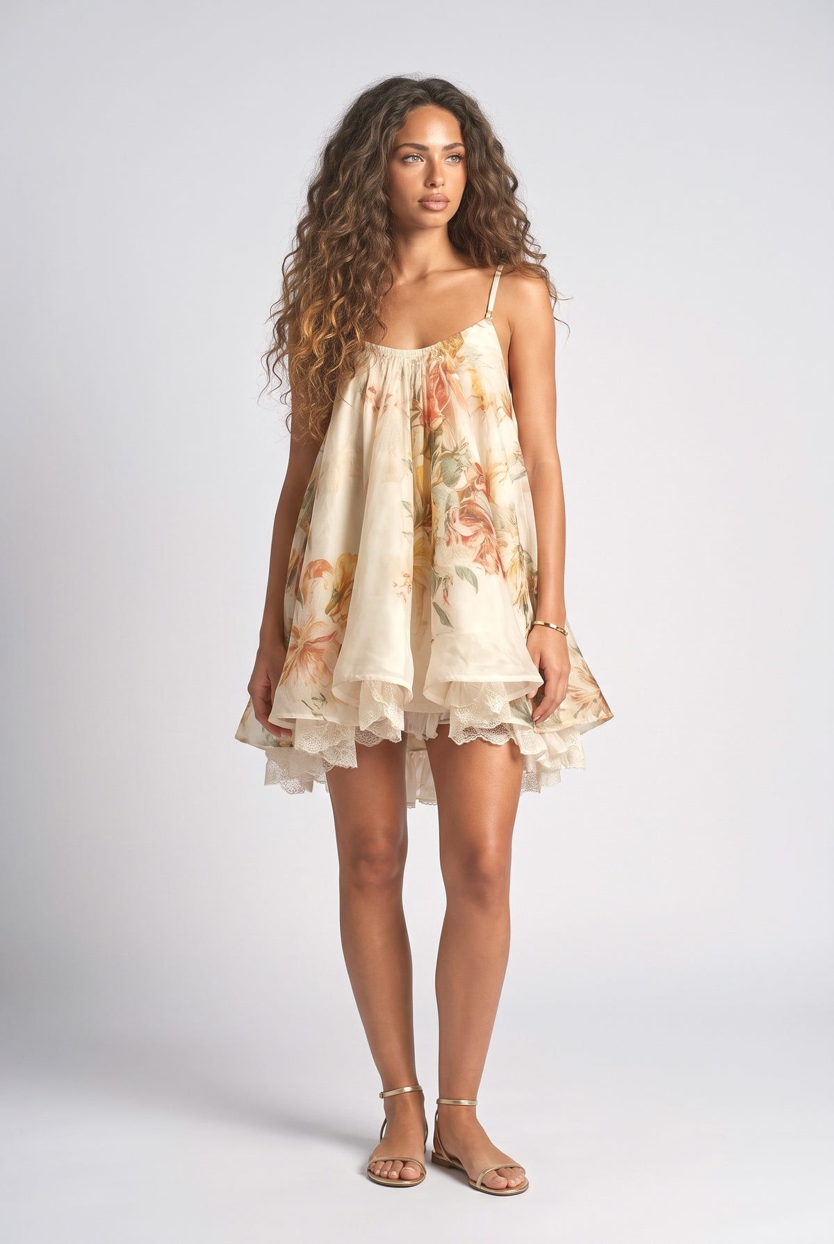 Beige Floral Lace Mini Dress, beige