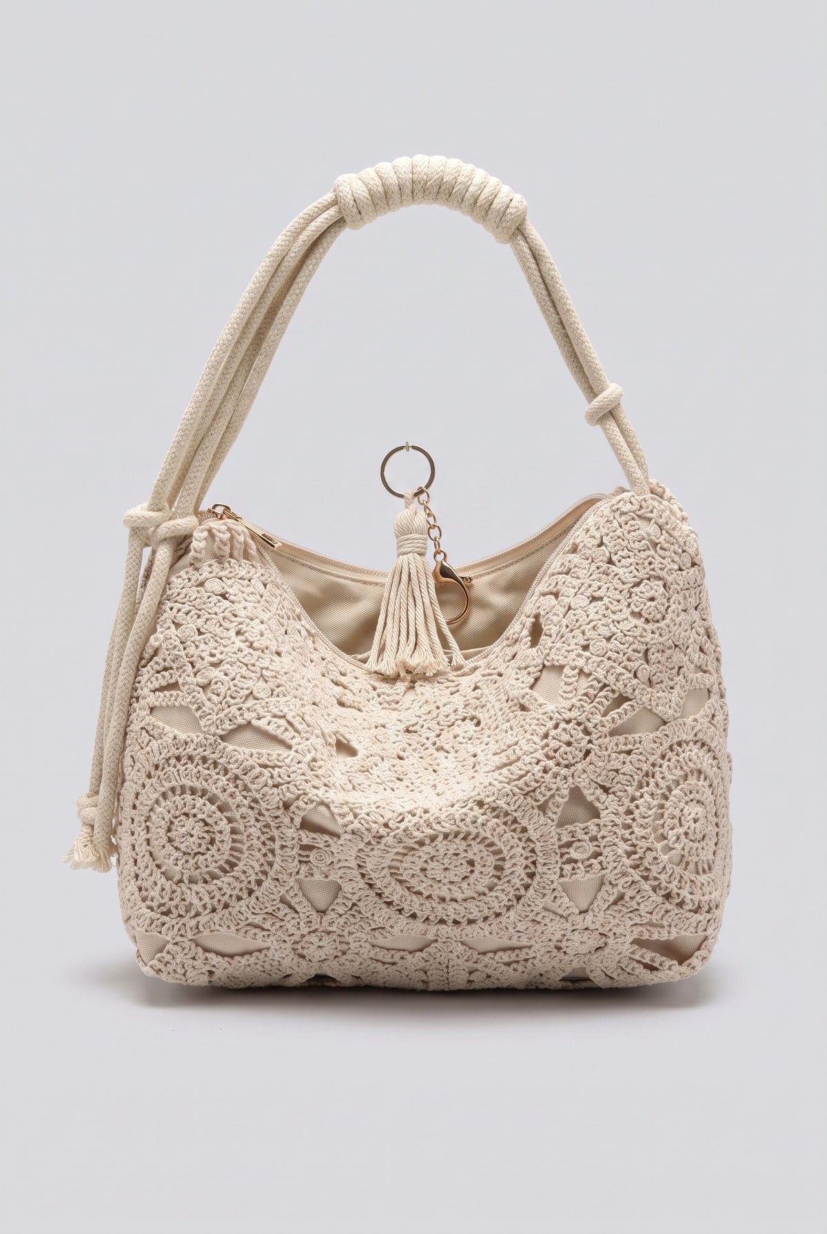 Boho Hollow Crochet Knitted Hobo Shoulder Bag, beige