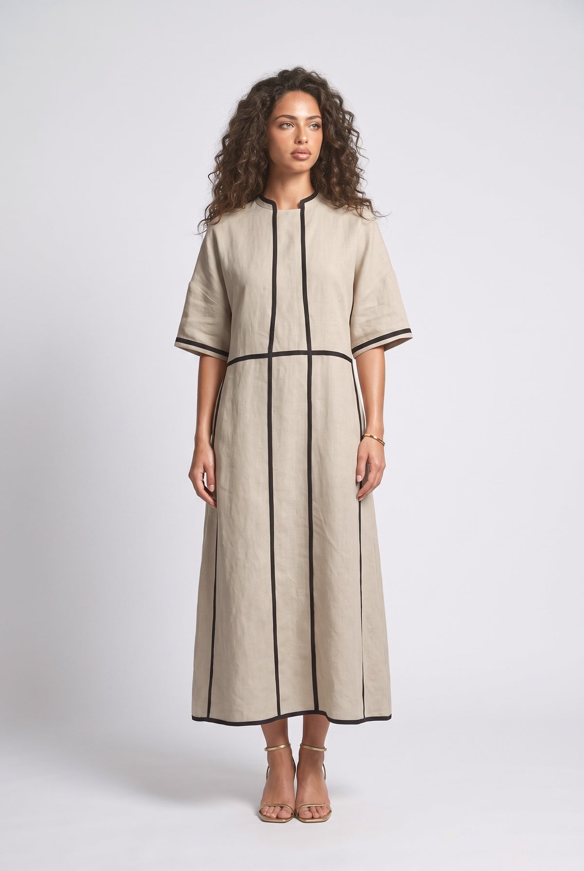 Beige Linen Black Piping Midi Dress, beige