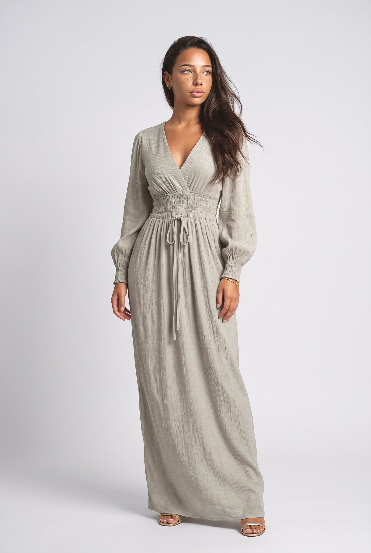 Beige V-Neck Ruched Maxi Dress, beige