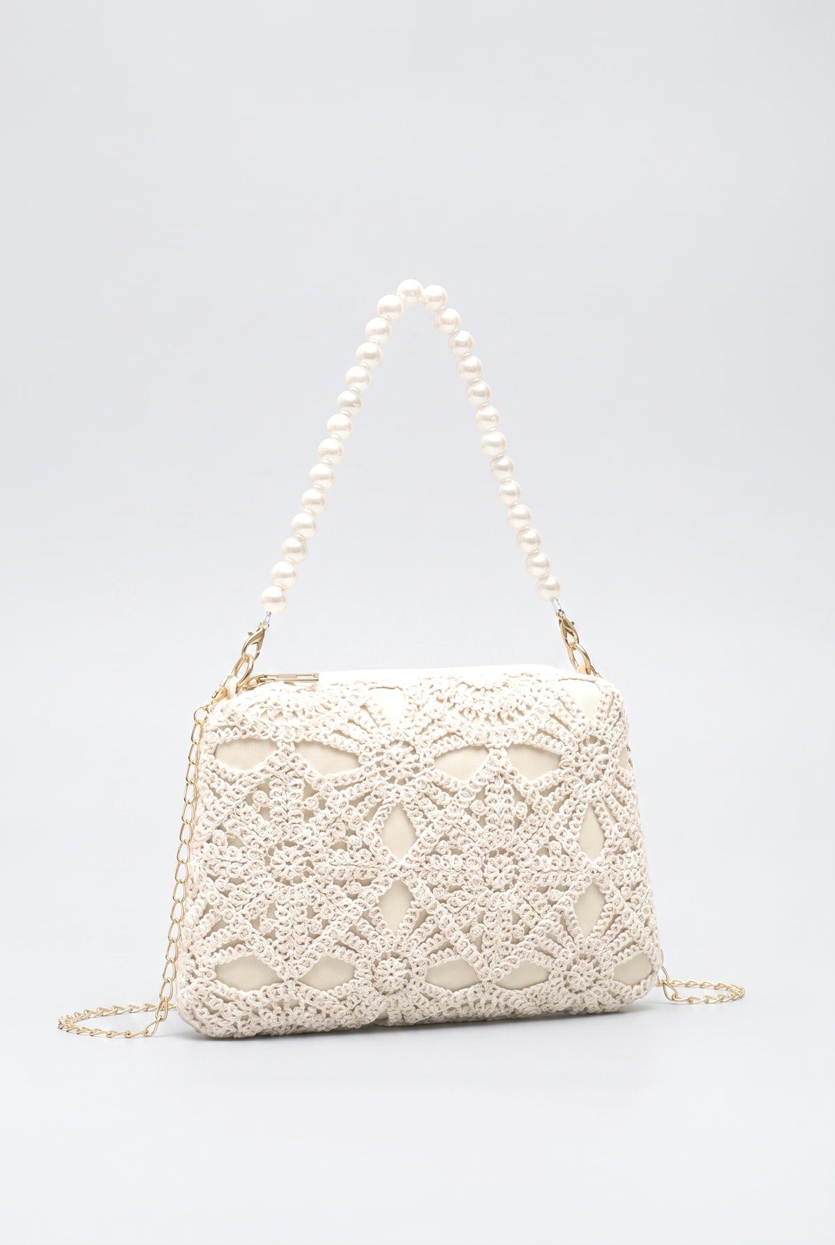Hollow Crochet Lace Evening Clutch Bag, beige