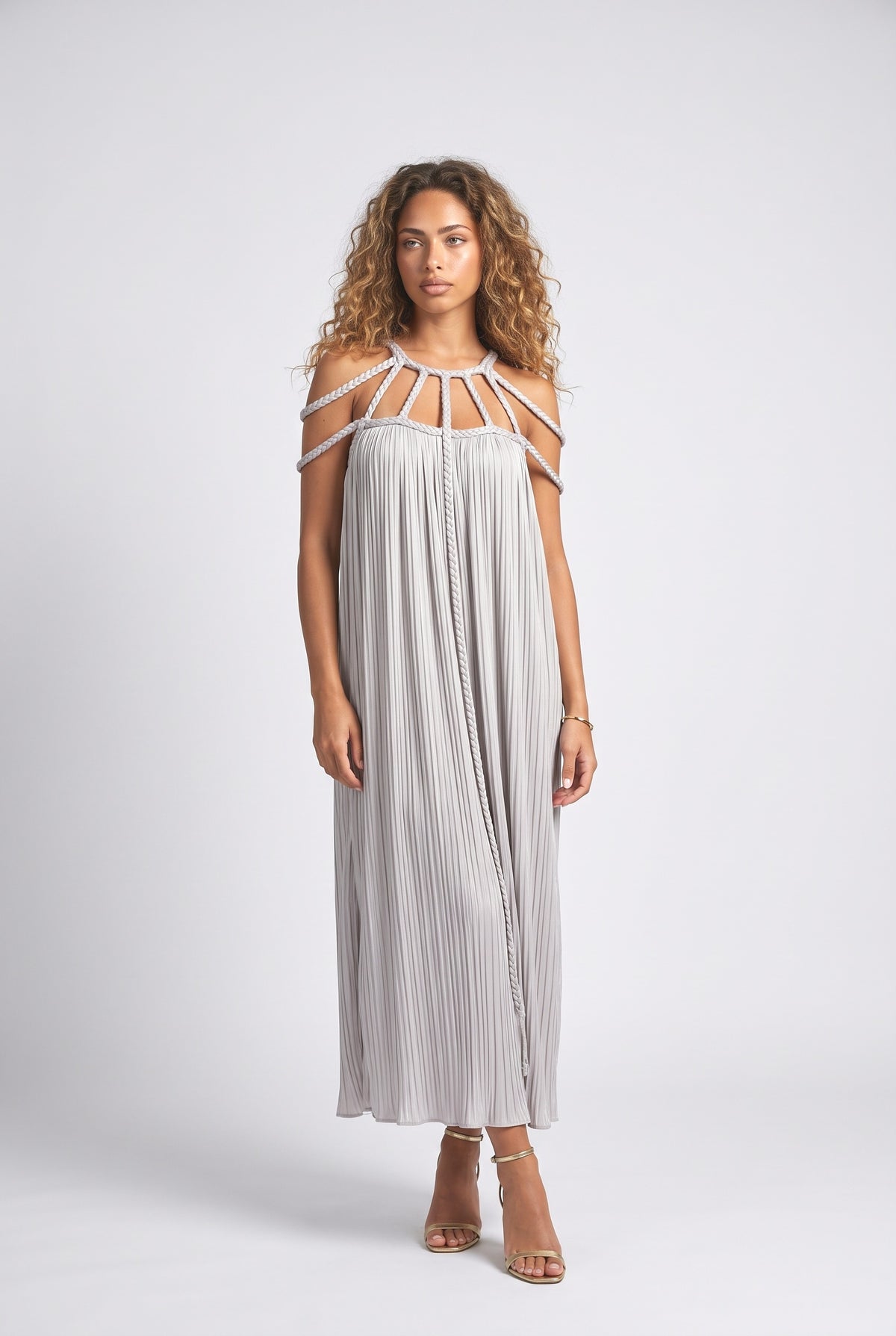 Draped Braids Cover Up Maxi Dress, beige