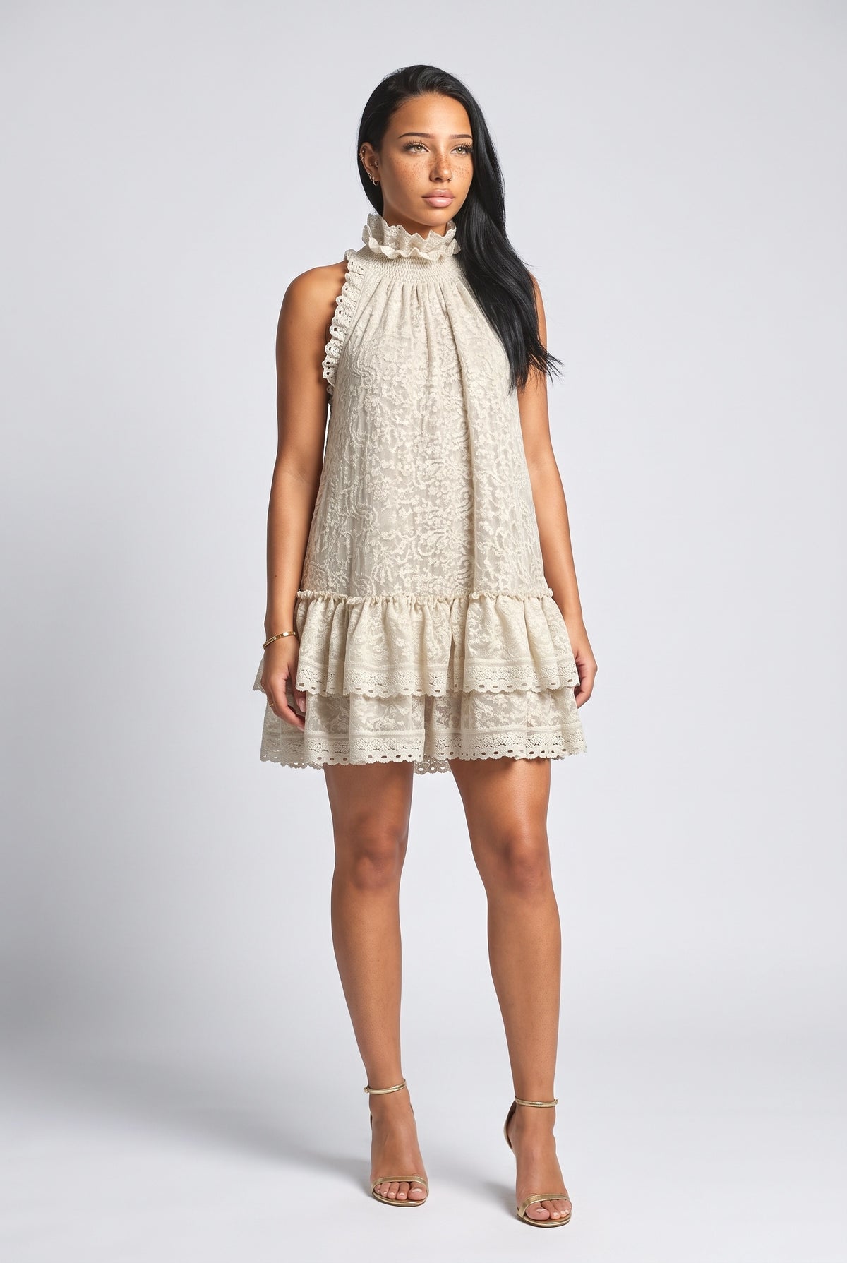 Beige Lace Sleeveless Ruffle Mini Dress, beige