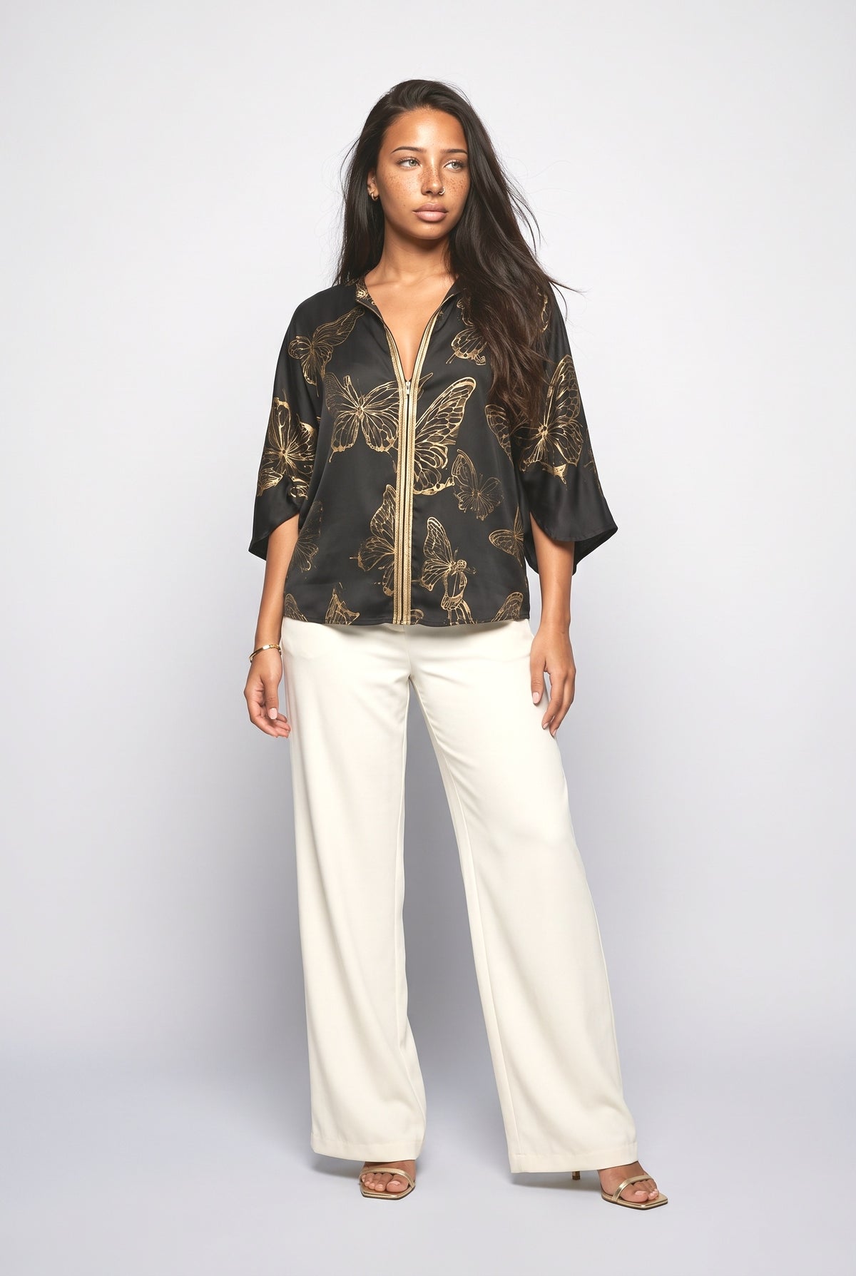 Butterfly Print Zip Shirt, black pants