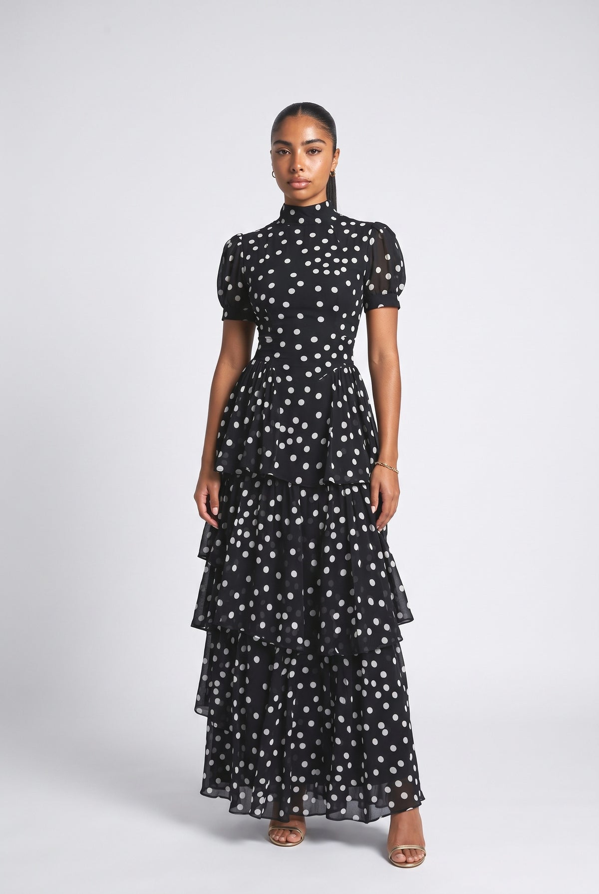 Princess Multi-Layer Maxi Cake Dress, black polka dots