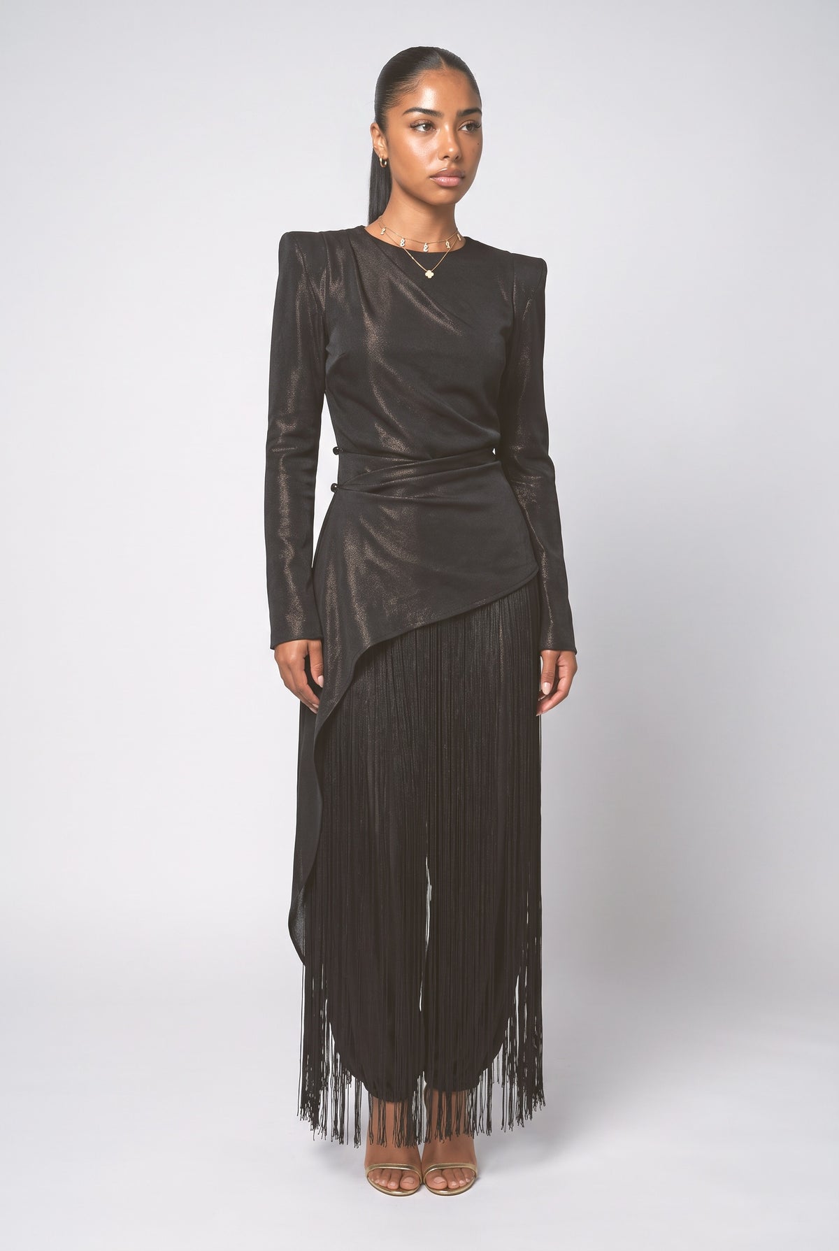 Black Long Sleeve Fringe Outfit Set, black set
