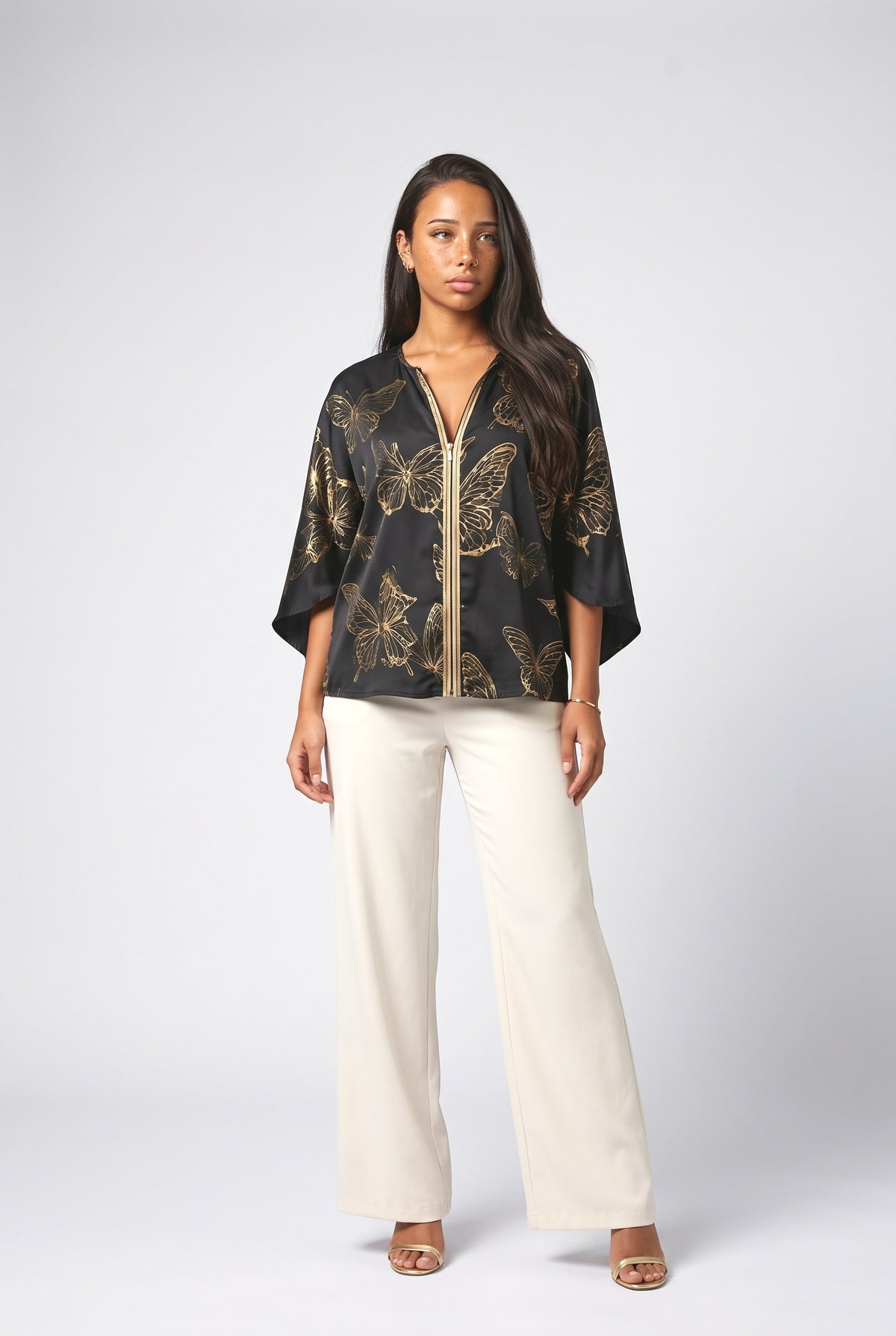 Butterfly Print Zip Shirt, black set