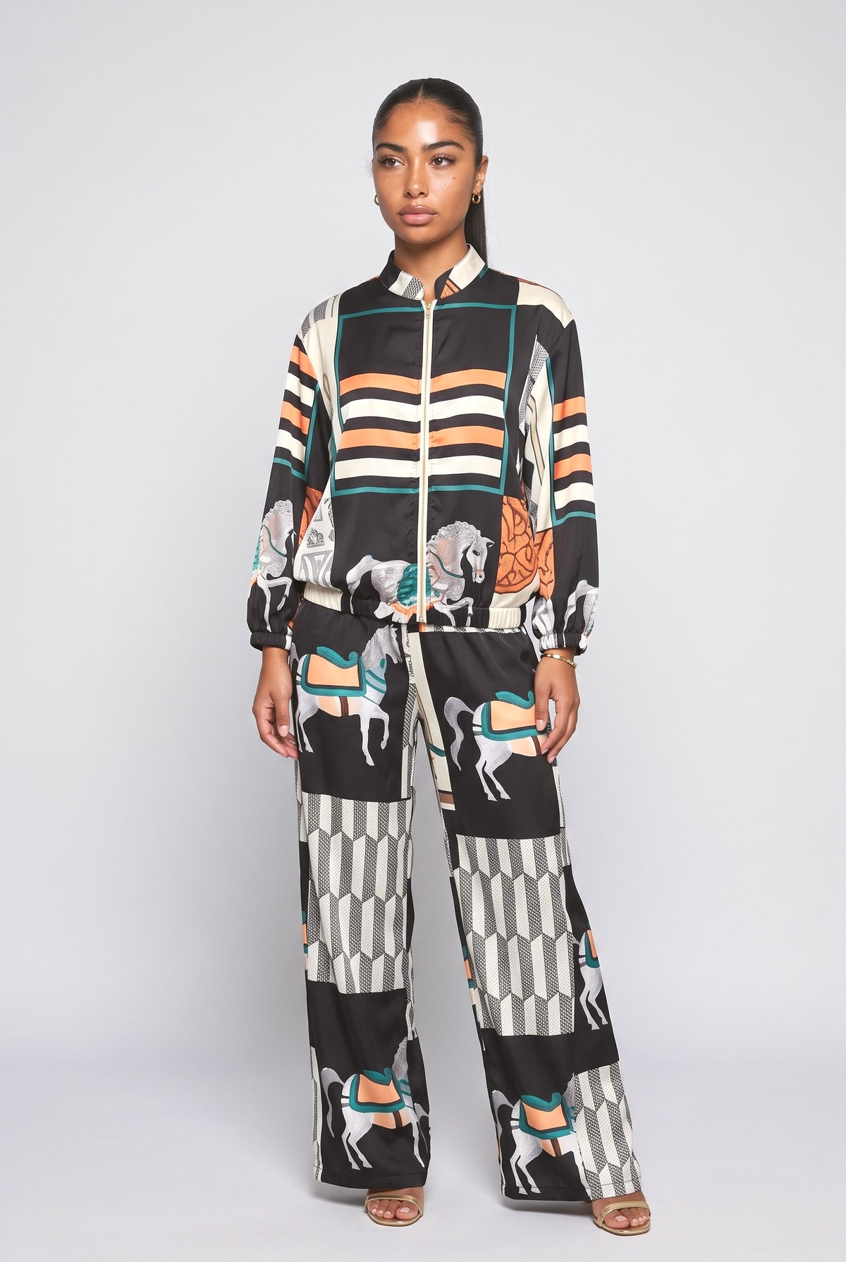 Artistic Print Zip-Up Shirt & Wide-Leg Pants Two-Piece Set, black set