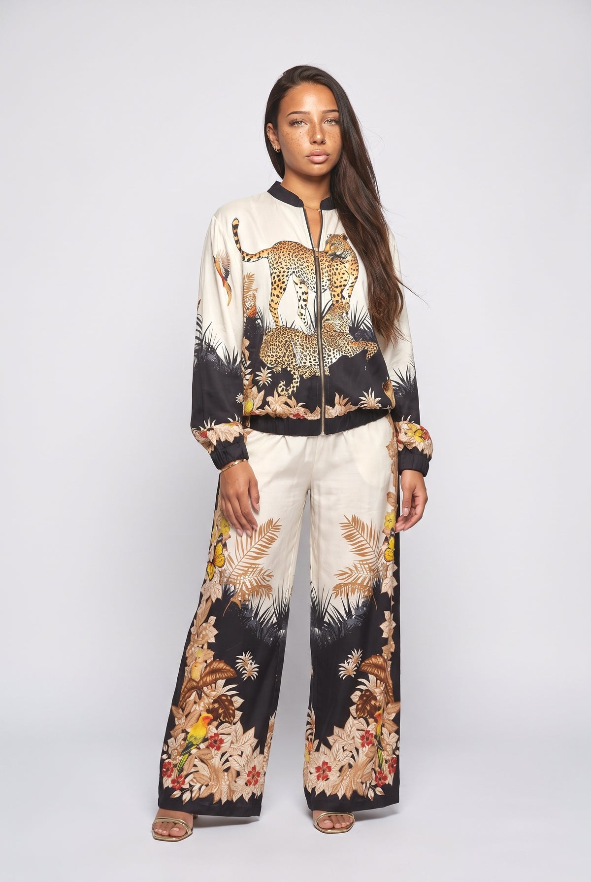 Exotic Jungle Print Zip-Up Shirt & Wide Leg Pants Set, black set