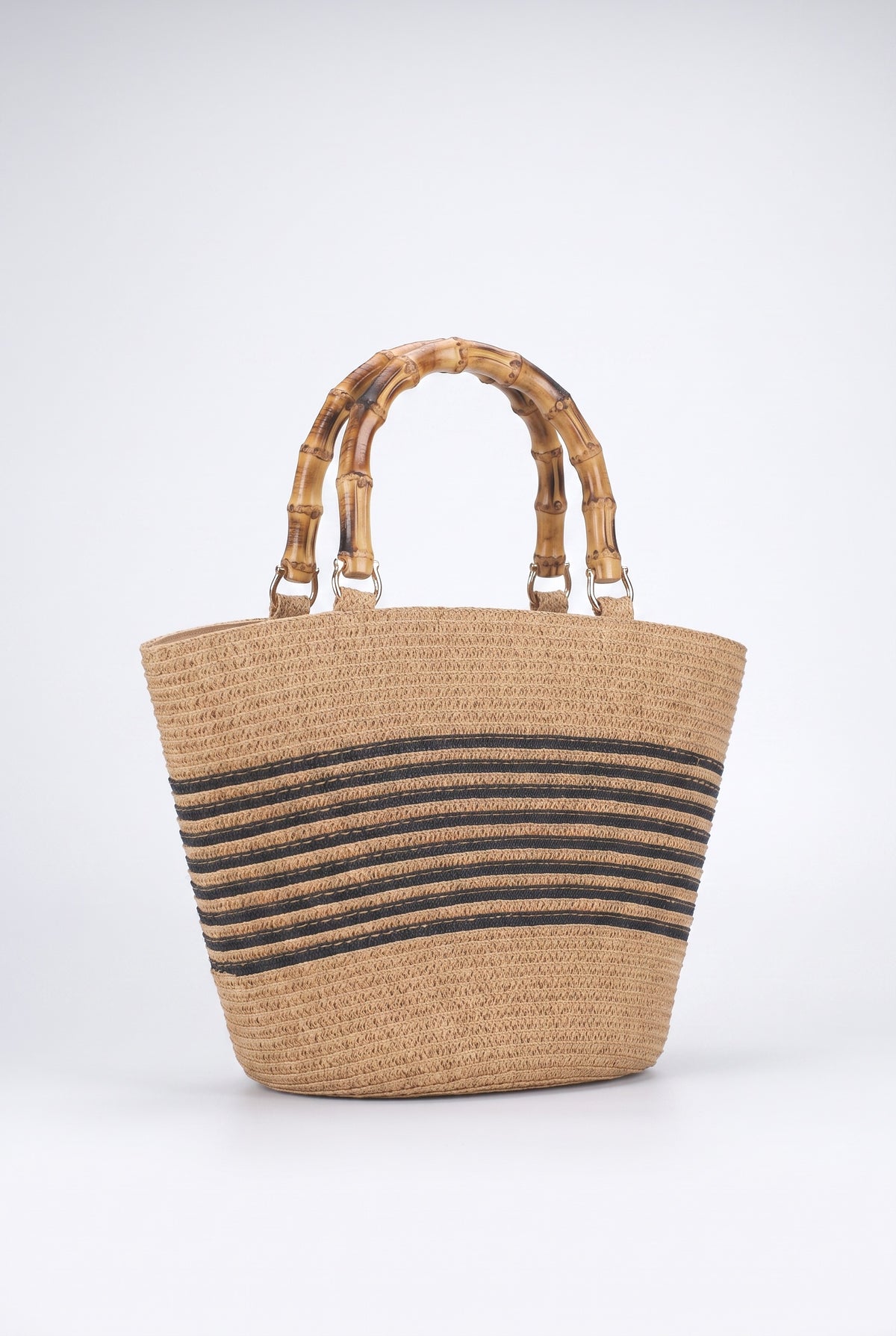 Bamboo Handle Striped Contrast Color Straw Handbag, black stripes