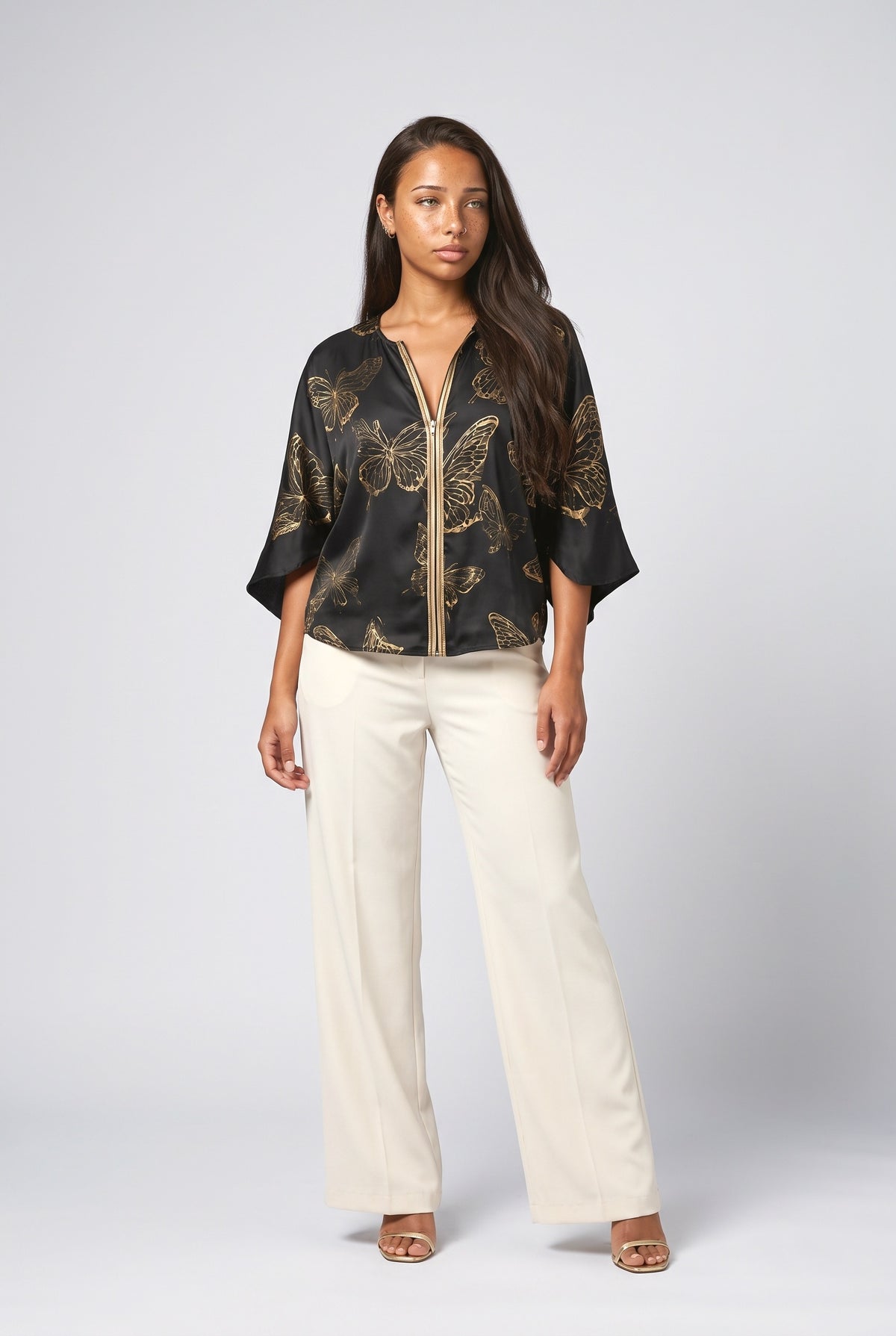 Butterfly Print Zip Shirt, black top