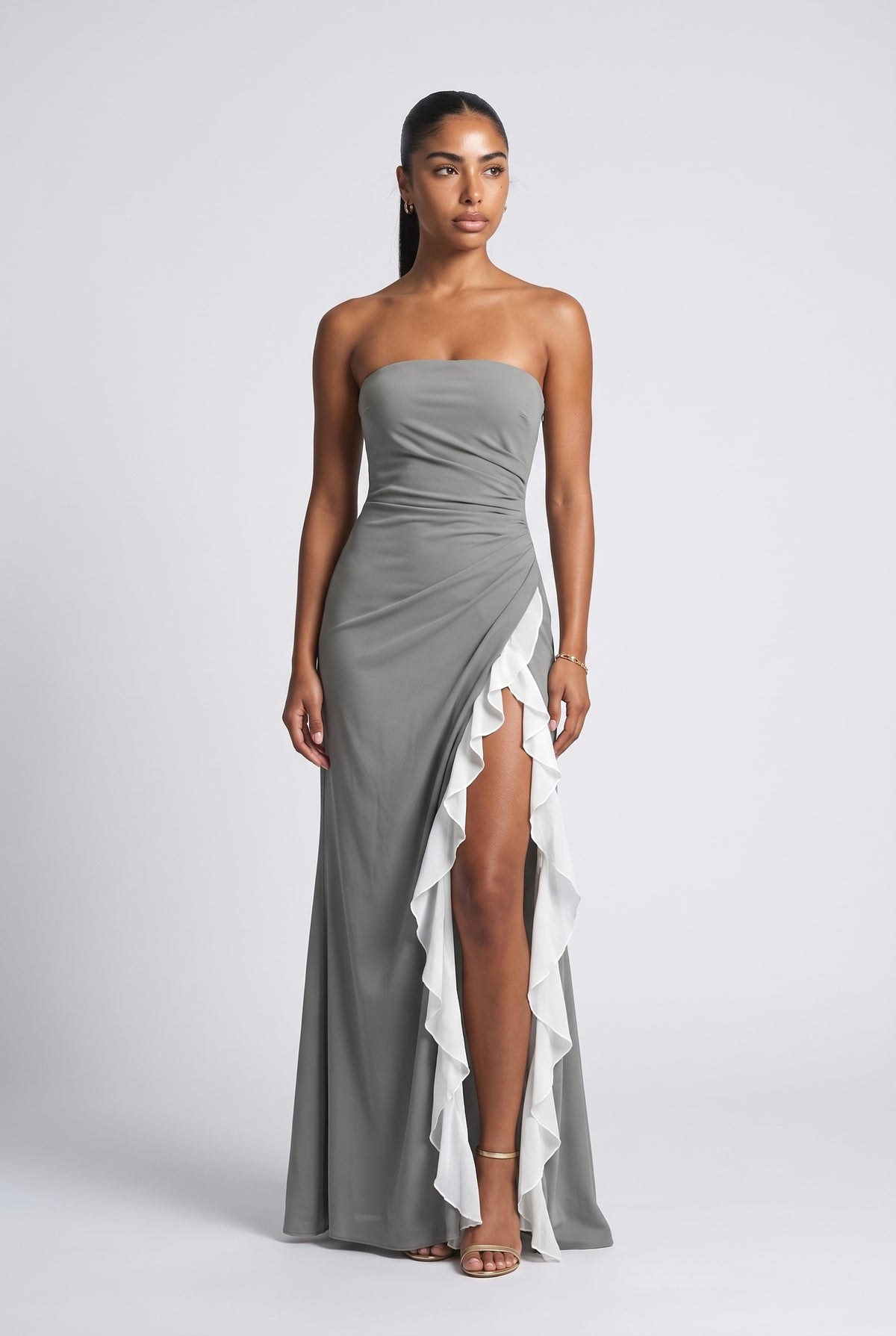 Black Strapless Ruffle Maxi Dress, black white