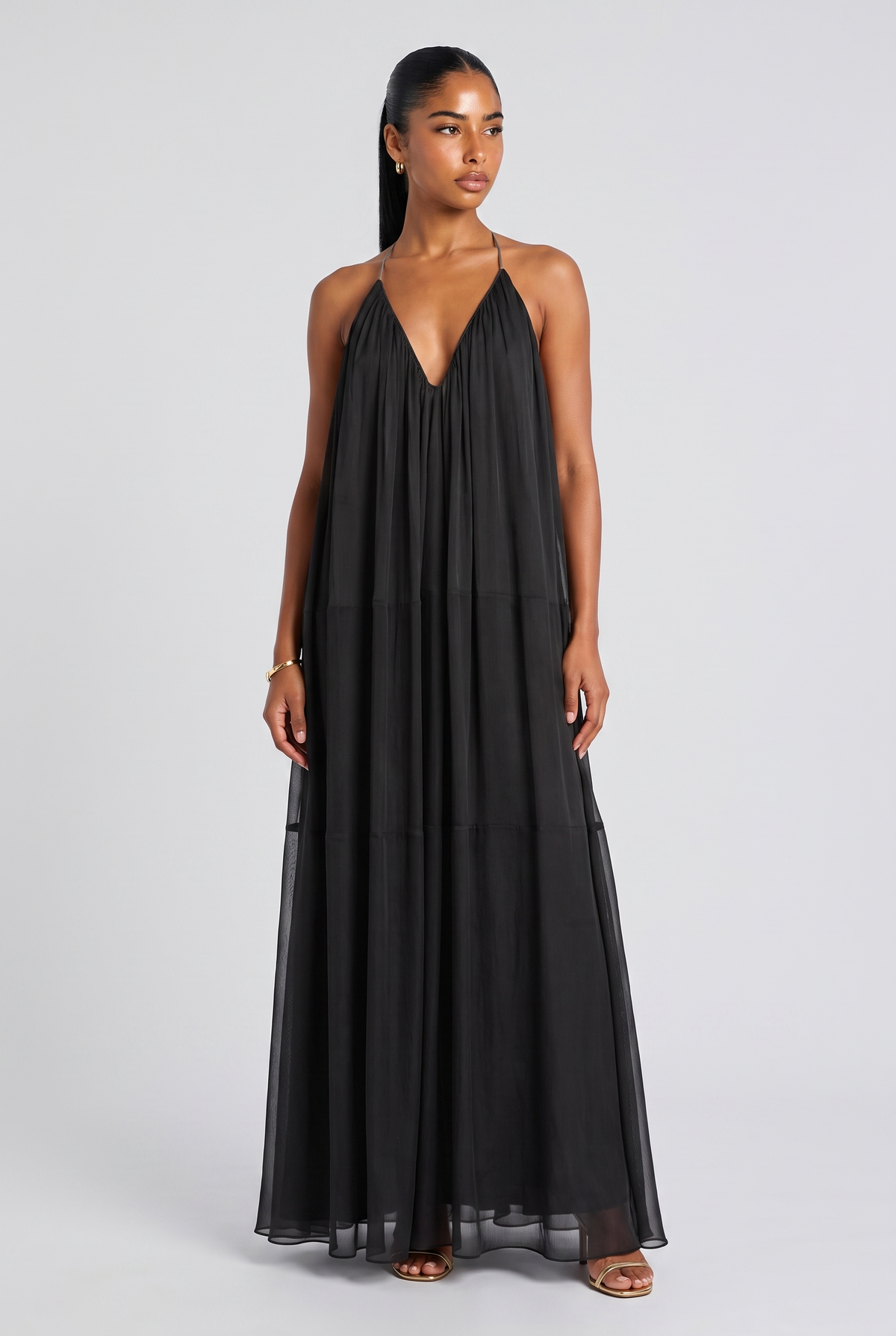 Chiffon V-Neck Flowy Maxi Dress, black