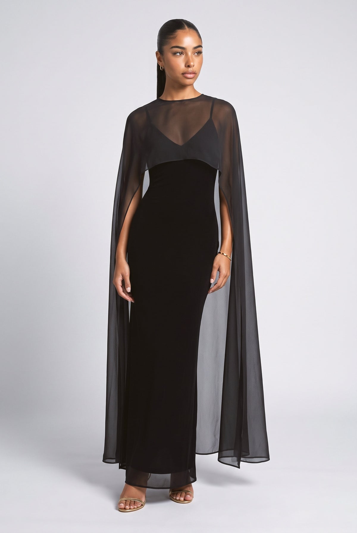 Black Sheer V-Neck Sleeveless Maxi Dress, black