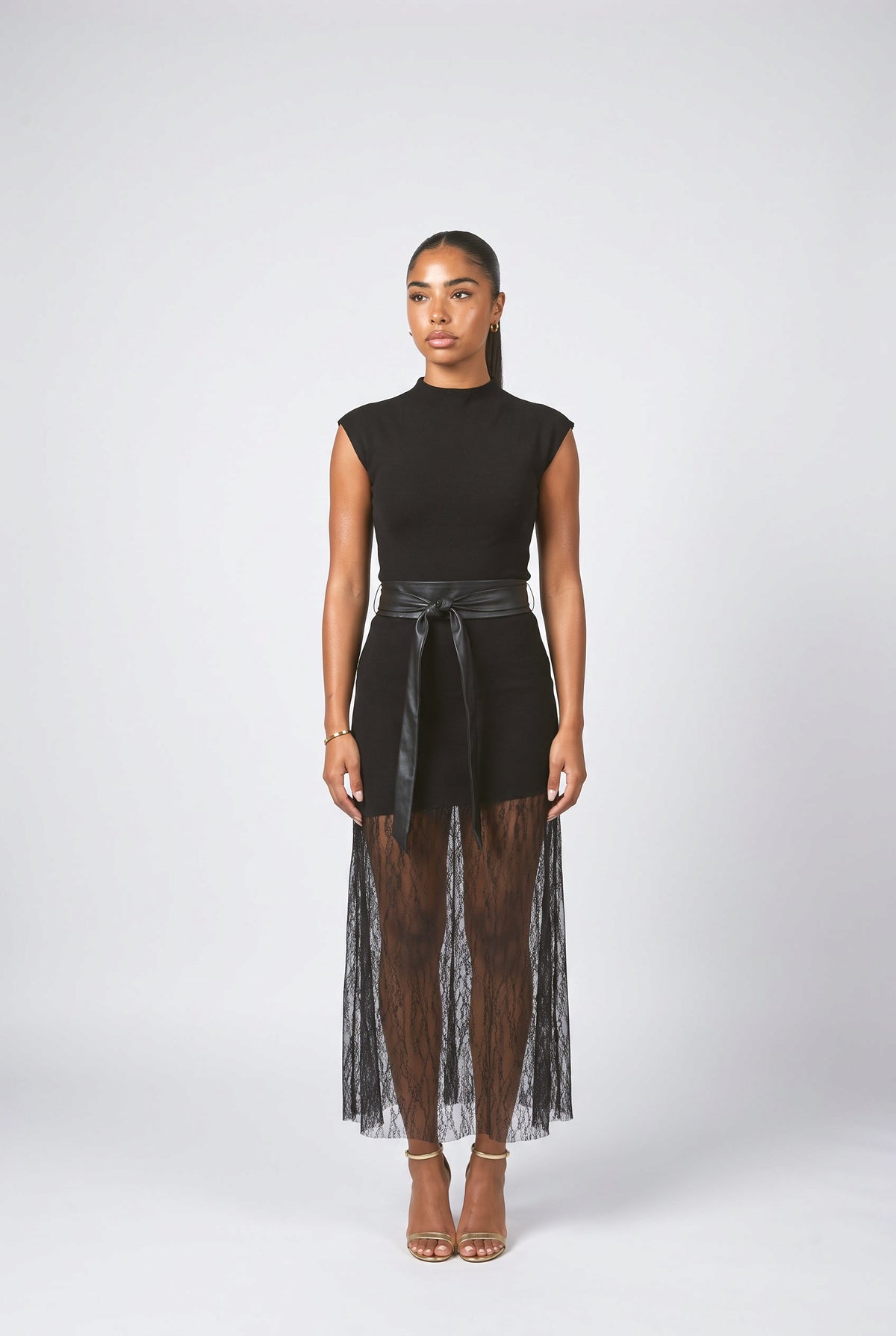 Sleeveless Lace Panel Maxi Dress, black