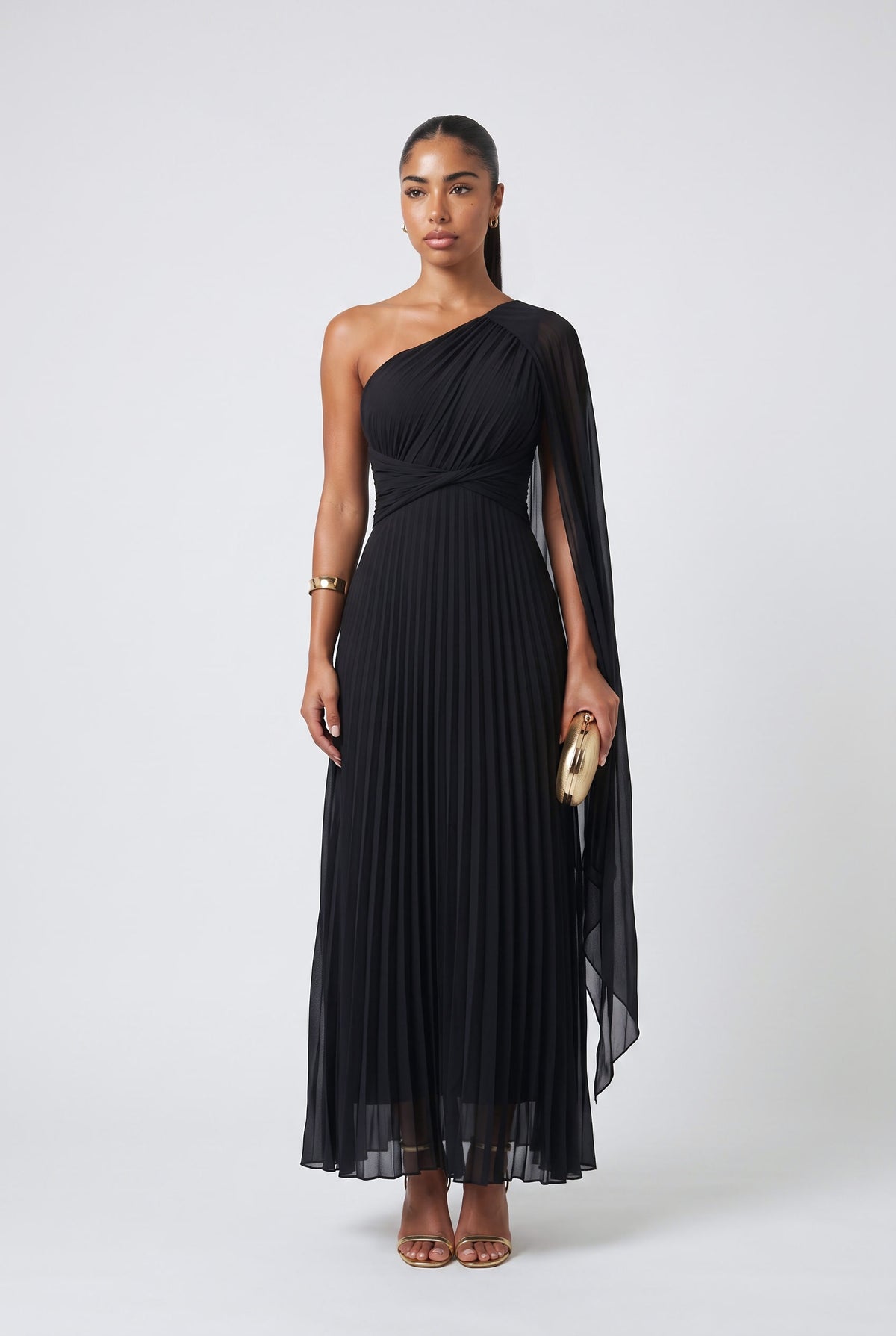 Flowing Pleated Off-the-Shoulder Maxi Dress, black