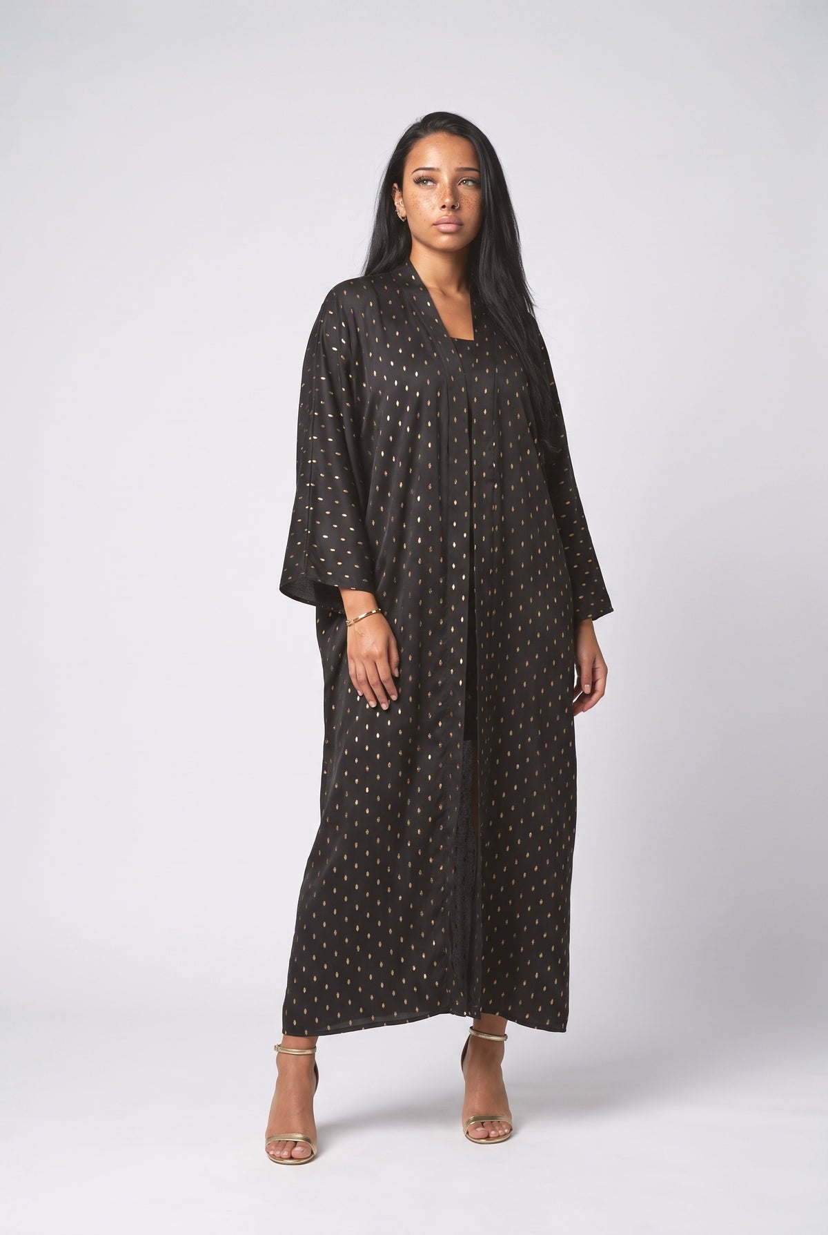 Gold Dot Print Robe Two-Piece Set, black