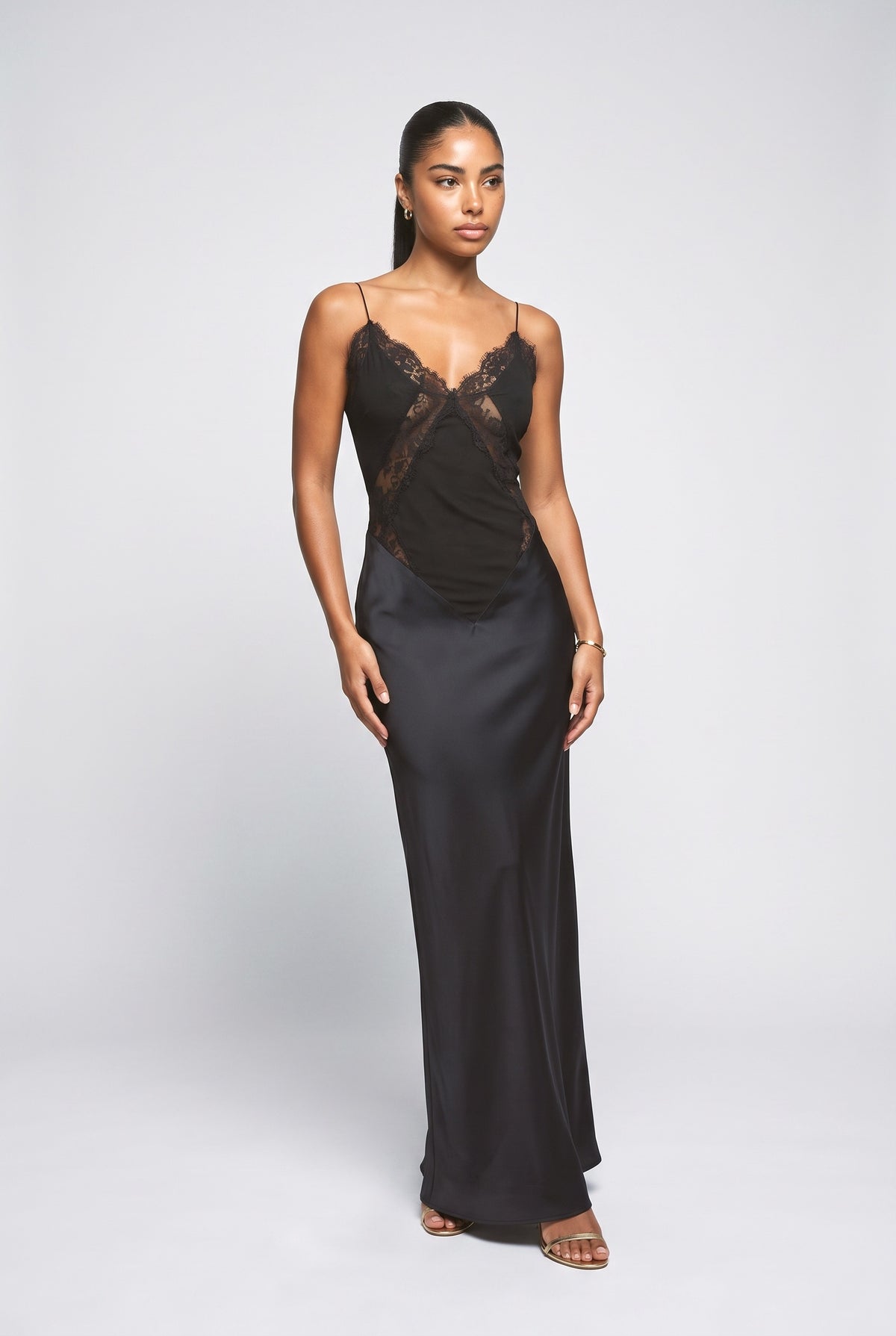 Black Satin Backless Maxi Dress, black