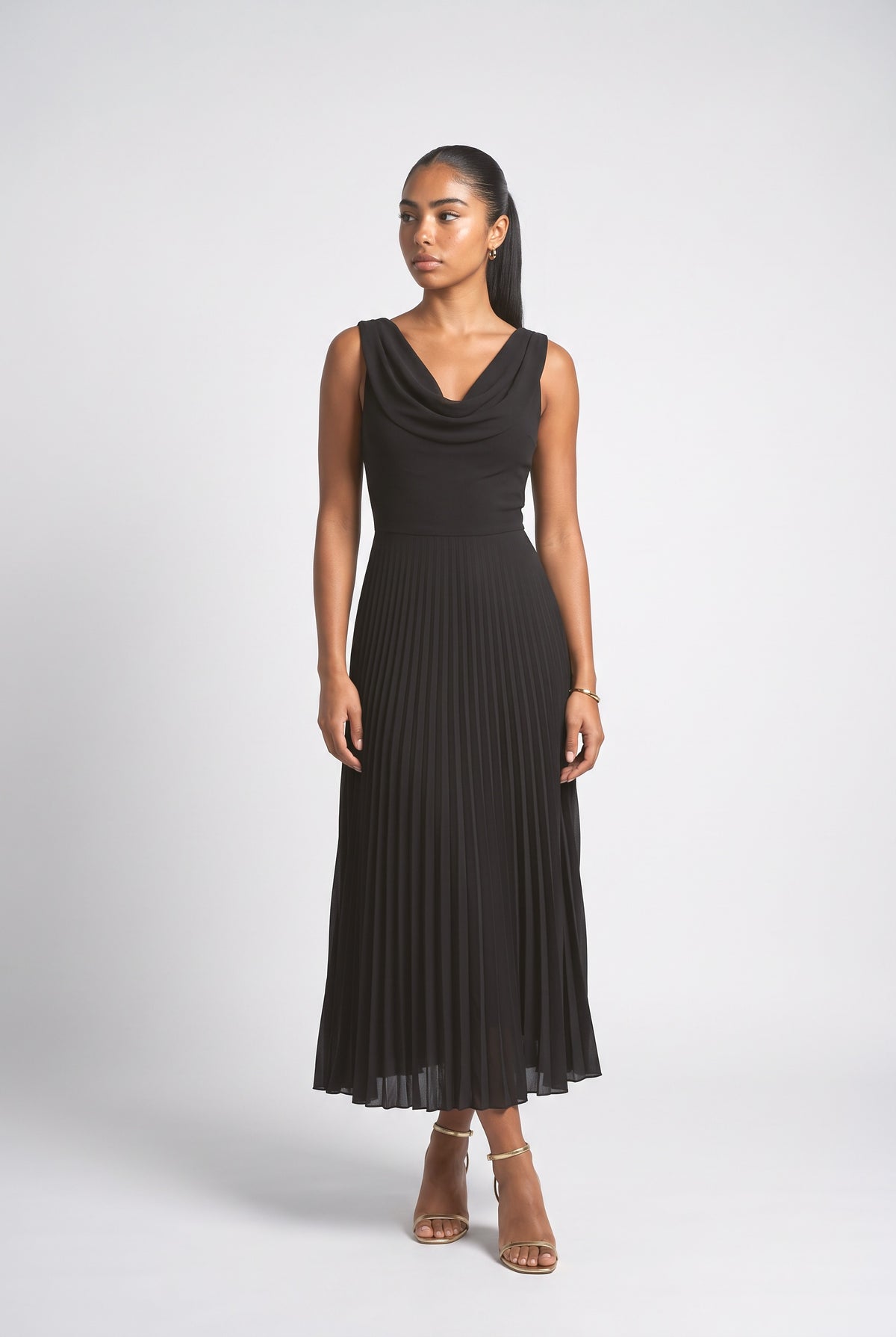 Pleated Midi Dress, black