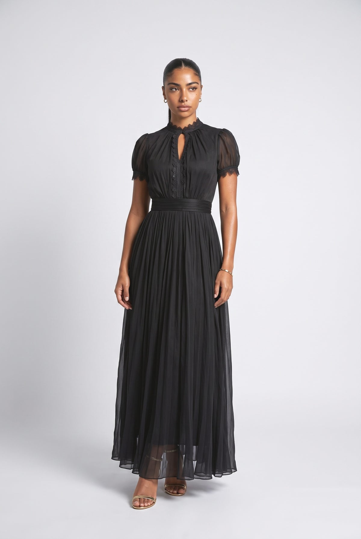 Lace Trim Pleated Chiffon Maxi Dress, black