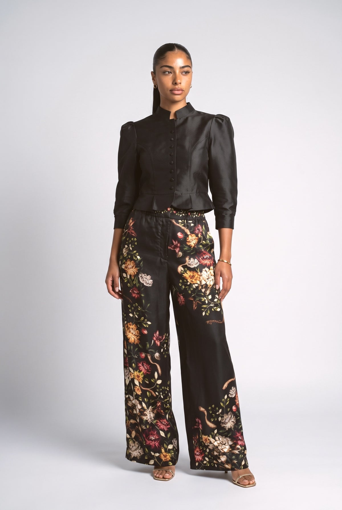 Black Floral Satin Ruched Outfit Set, black