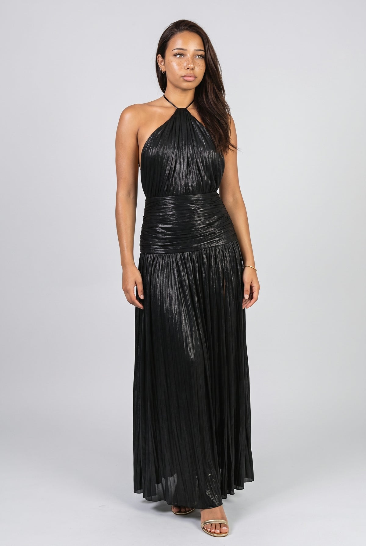 Metallic Pleated Halter Neck Maxi Dress, black