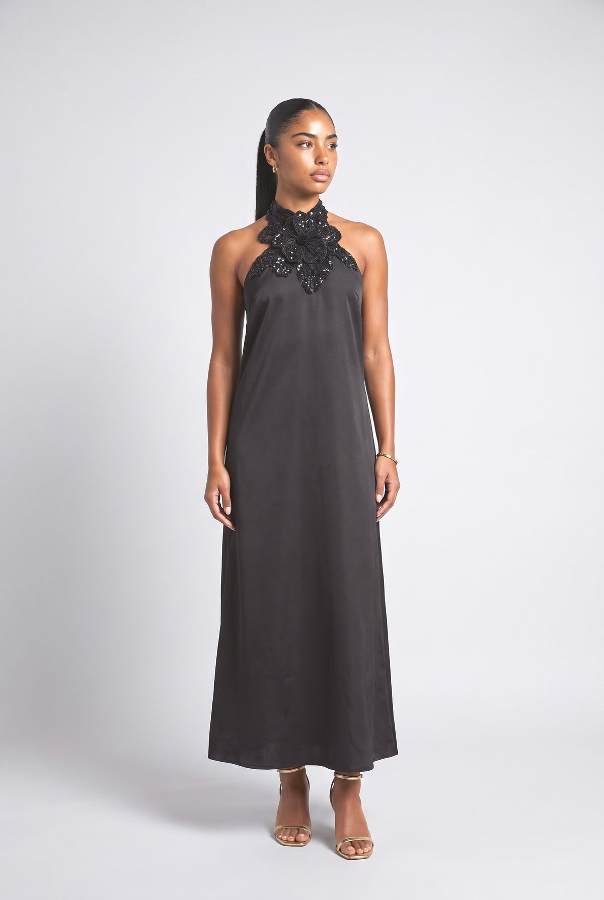 Floral Satin Halter Neck Maxi Dress, black