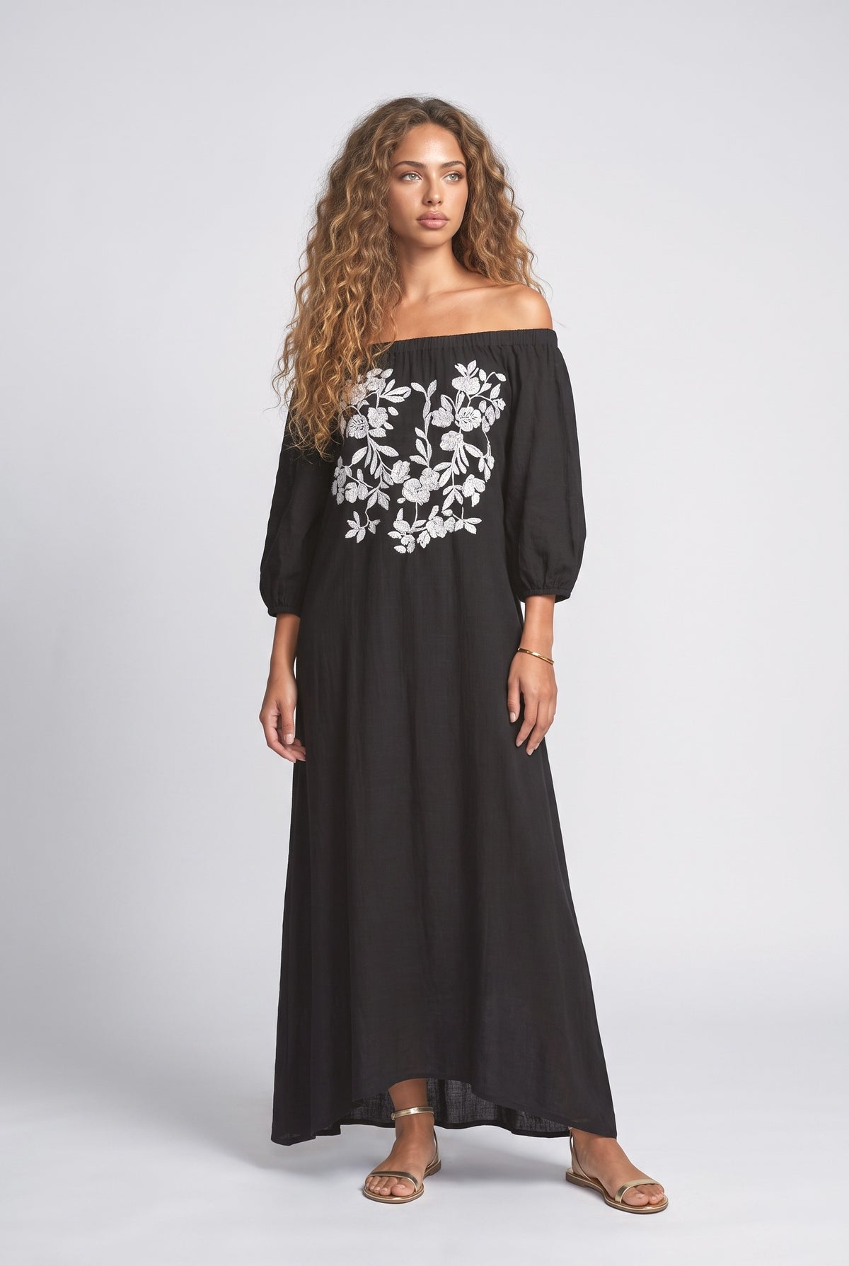 Bohemian Floral Embroidered Off-Shoulder Maxi Dress, black