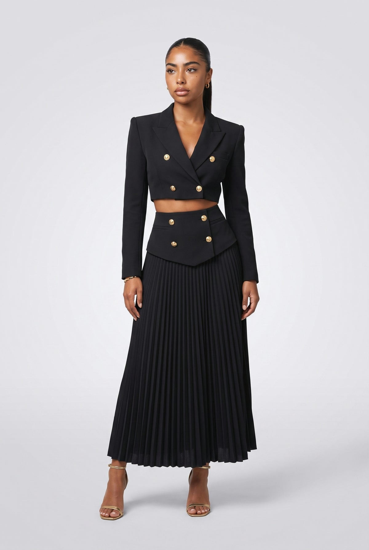 Short Blazer Top and Pleated Skirt Set, black