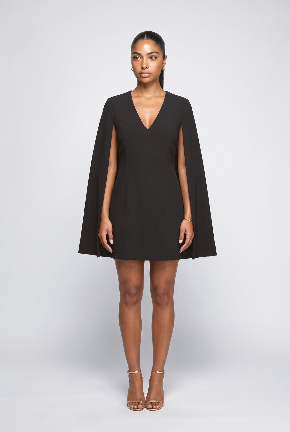 Black V-Neck Cape Mini Dress, black