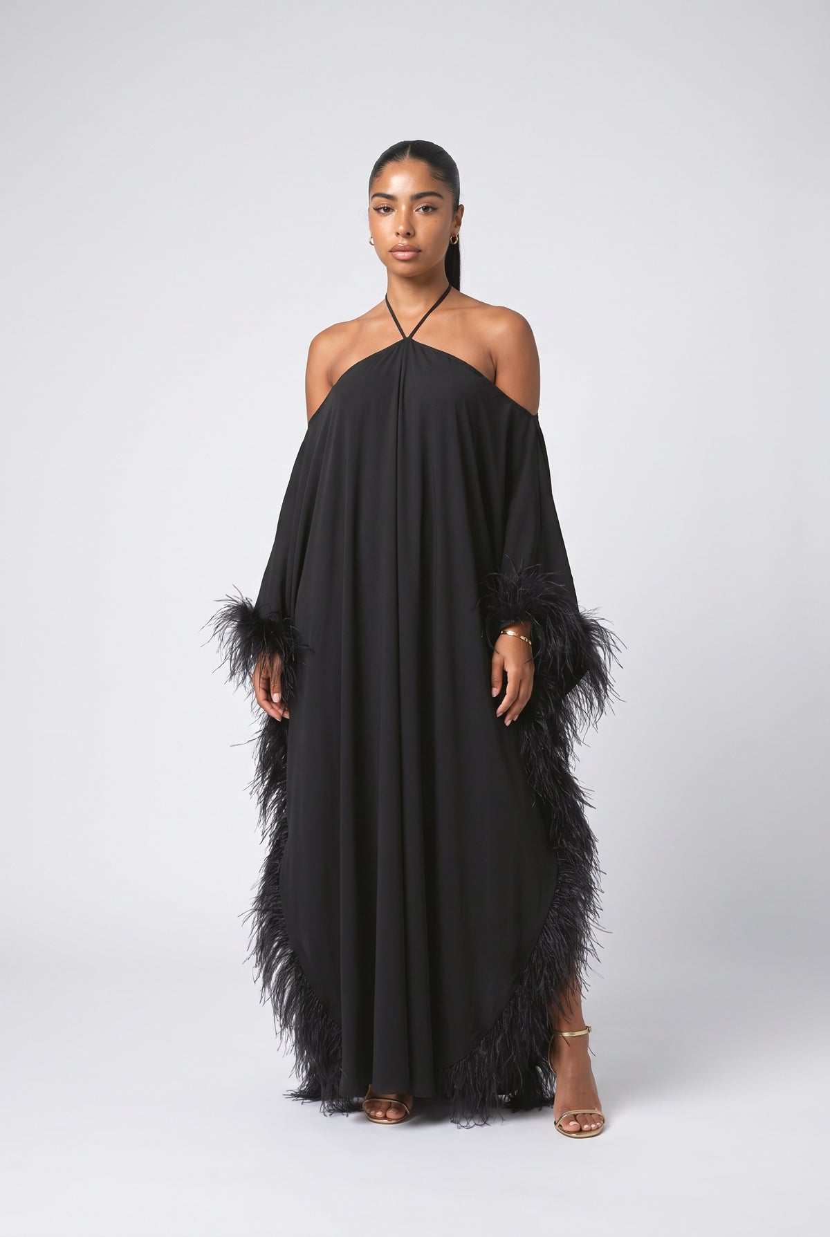 Halter Neck Feather Trim Maxi Dress, black