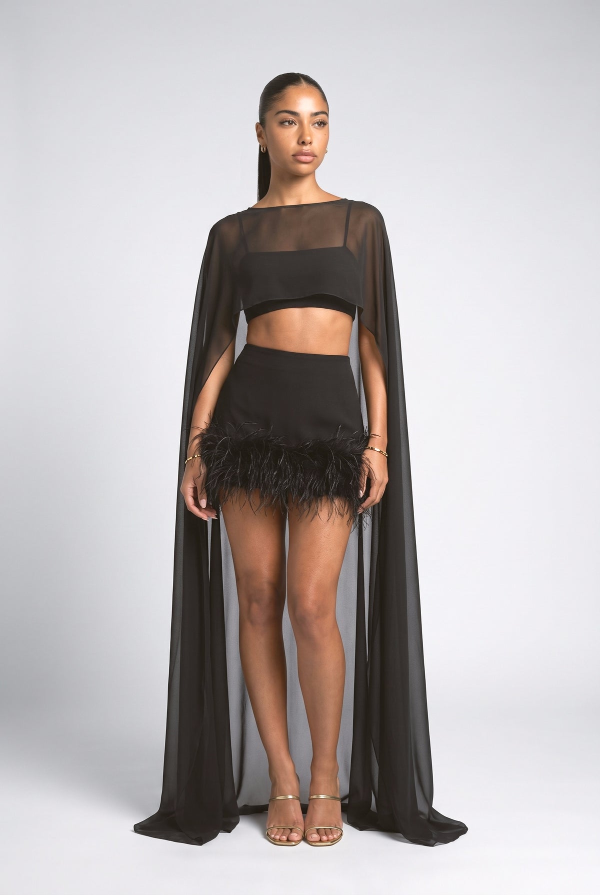 Sheer Feather Trim Outfit Set, black